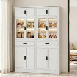 Aheaplus - 2-Pack 80" Tall Kitchen Pantry: Glass Doors, Adjustable Shelves & Drawer,Ships in 2 Packages - White