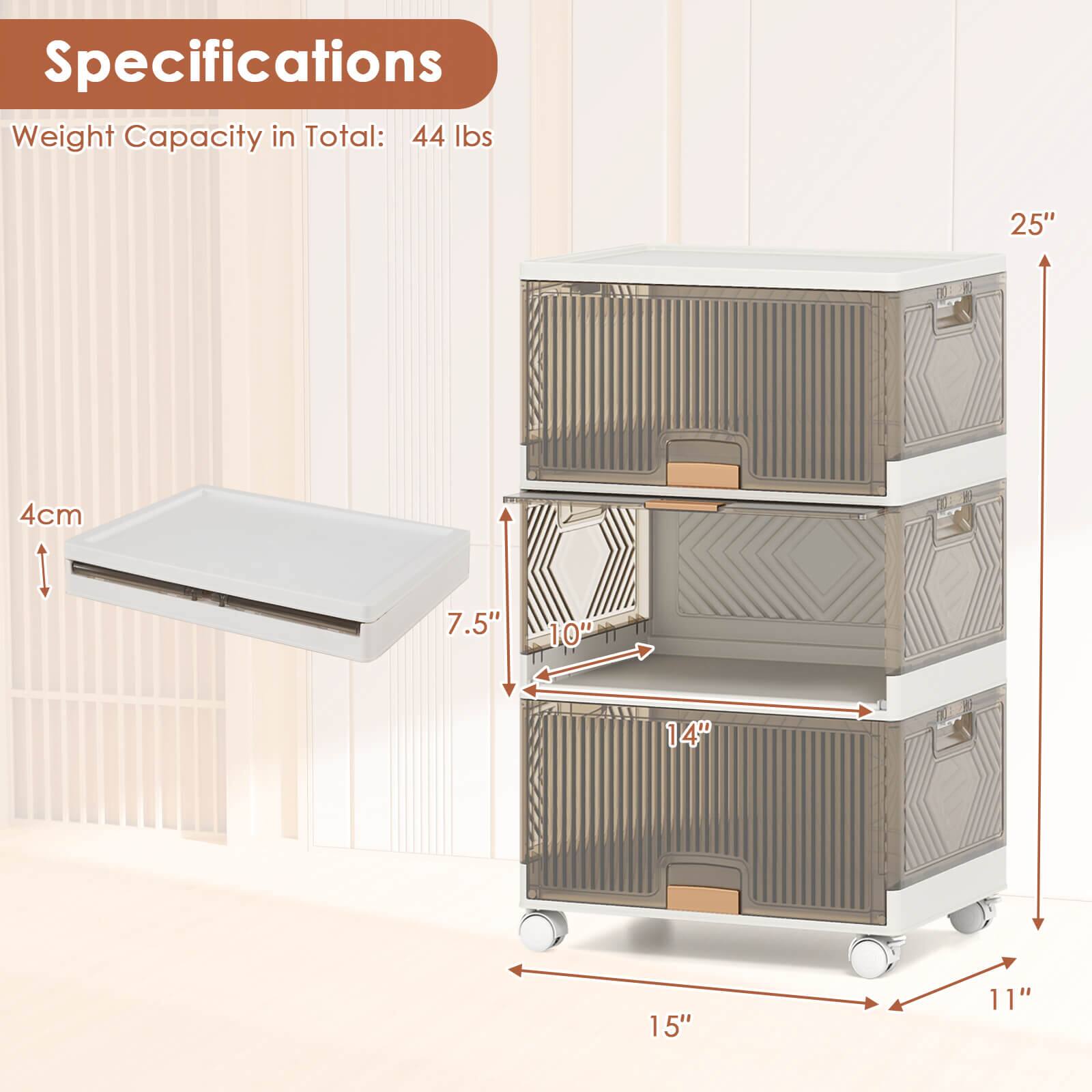 Specifications  
Weight Capacity in Total: 44 lbs  

Dimensions:  
- Height: 25"  
- Width: 15"  
- Depth: 11"  
- Top Shelf: 14" x 10"  
- Bottom Shelf: 14" x 10"  
- Drawer: 7.5" x 10"  
- Thickness: 4cm