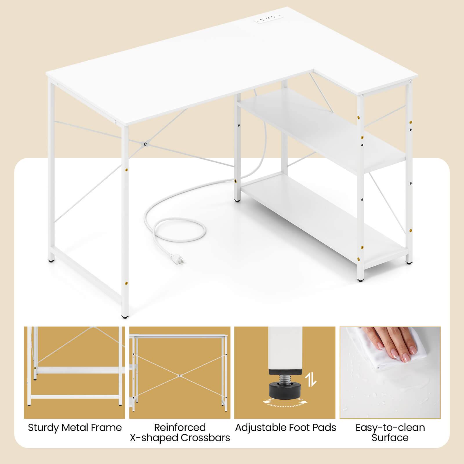 The image features a white table with a shelf underneath it. The table is made of metal and has adjustable foot pads, making it a versatile piece of furniture. The table is easy to clean and maintain, and it comes with a sturdy metal frame that provides reinforcement. The X-shaped crossbars add stability and support to the table, making it a practical and functional piece of furniture.