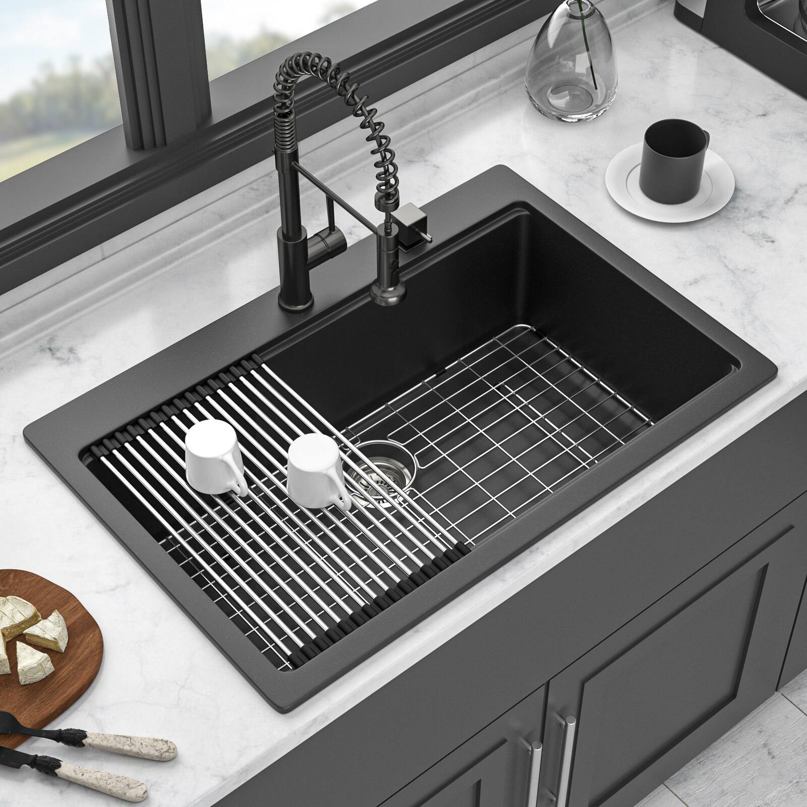 Angle. Siljoy - Quartz Kitchen Sink - 33"x22"x9.65" Black granite composite Workstation Drop-in kitchen sink - Black.