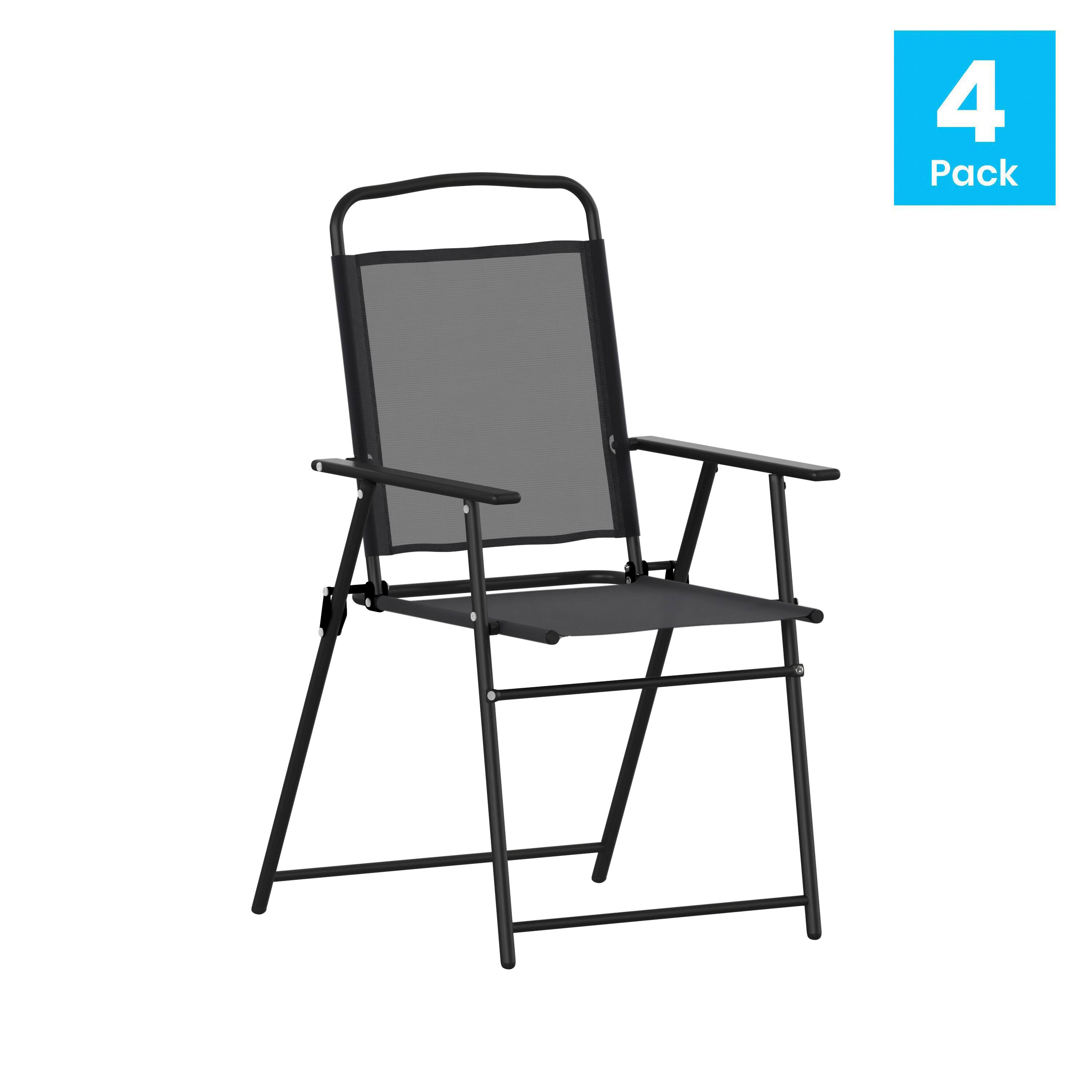 Alt View 1. Emma + Oliver - Munroe Set of 4 Textilene Folding Sling Style Patio Chairs with Armrests - Black.