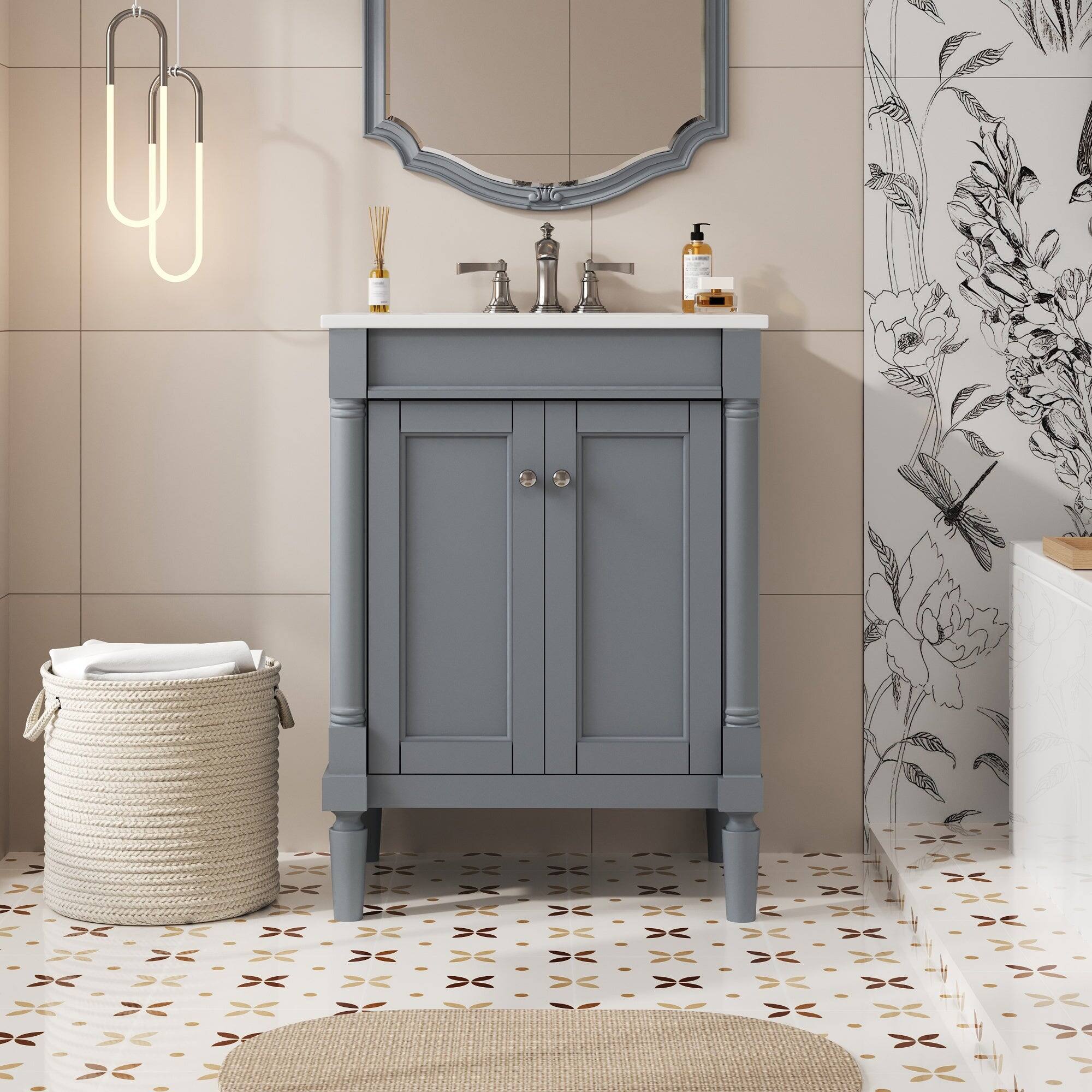 Alt View 2. Boyel Living - 24 Inch Bathroom Vanity Grey with Ceramic Sink Solid Wood Frame Double Door Storage - Gray.