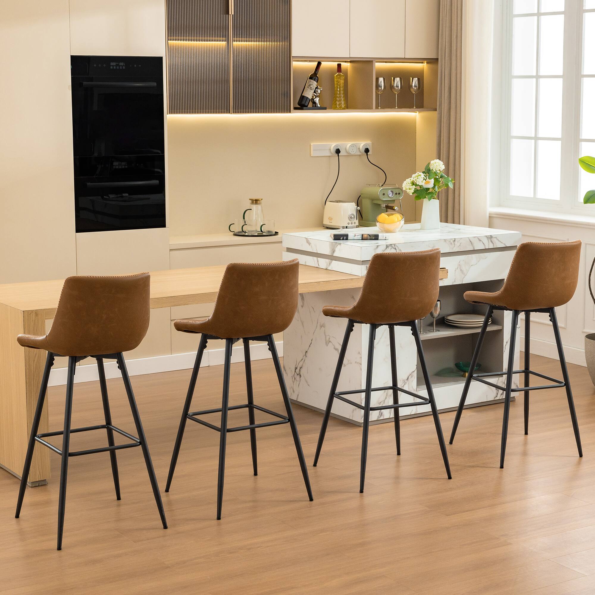 Alt View 5. KERDOM - 4pcs Bar Stools with Back, 24/28 inches Height Counter Bar Chair, PU Leather Armless Kitchen Island High Dining Chair - 28‘’ Height - Brown.