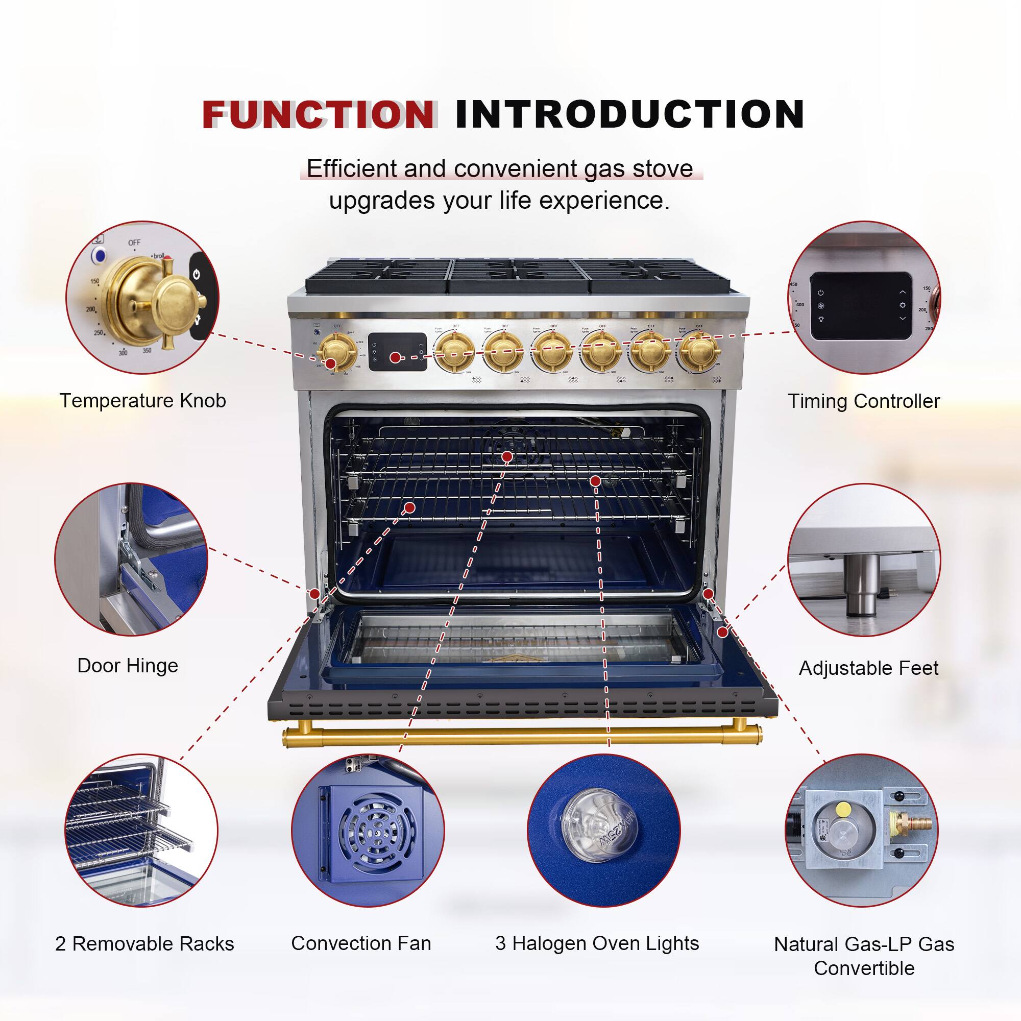 FUNCTION INTRODUCTION  
Efficient and convenient gas stove upgrades your life experience.

- Temperature Knob
- Timing Controller
- Door Hinge
- Adjustable Feet
- 2 Removable Racks
- Convection Fan
- 3 Halogen Oven Lights
- Natural Gas-LP Gas Convertible