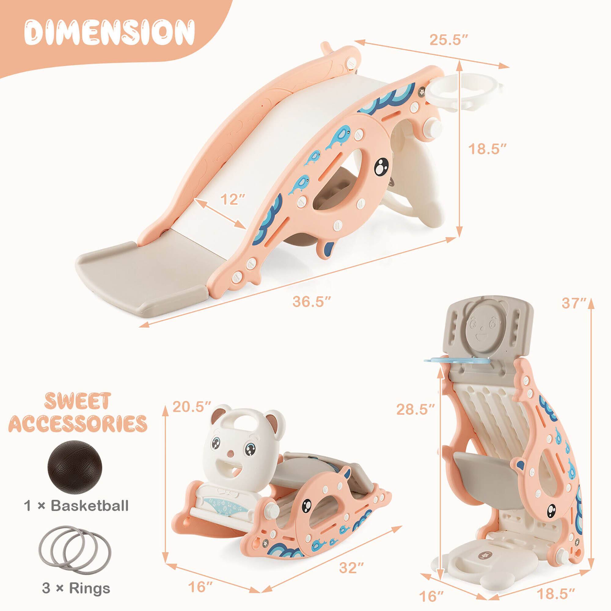 DIMENSION  
25.5" 18.5" 12" 36.5" 37"  

SWEET ACCESSORIES  
1 x Basketball  
3 x Rings  
20.5" 16" 32" 16" 18.5"