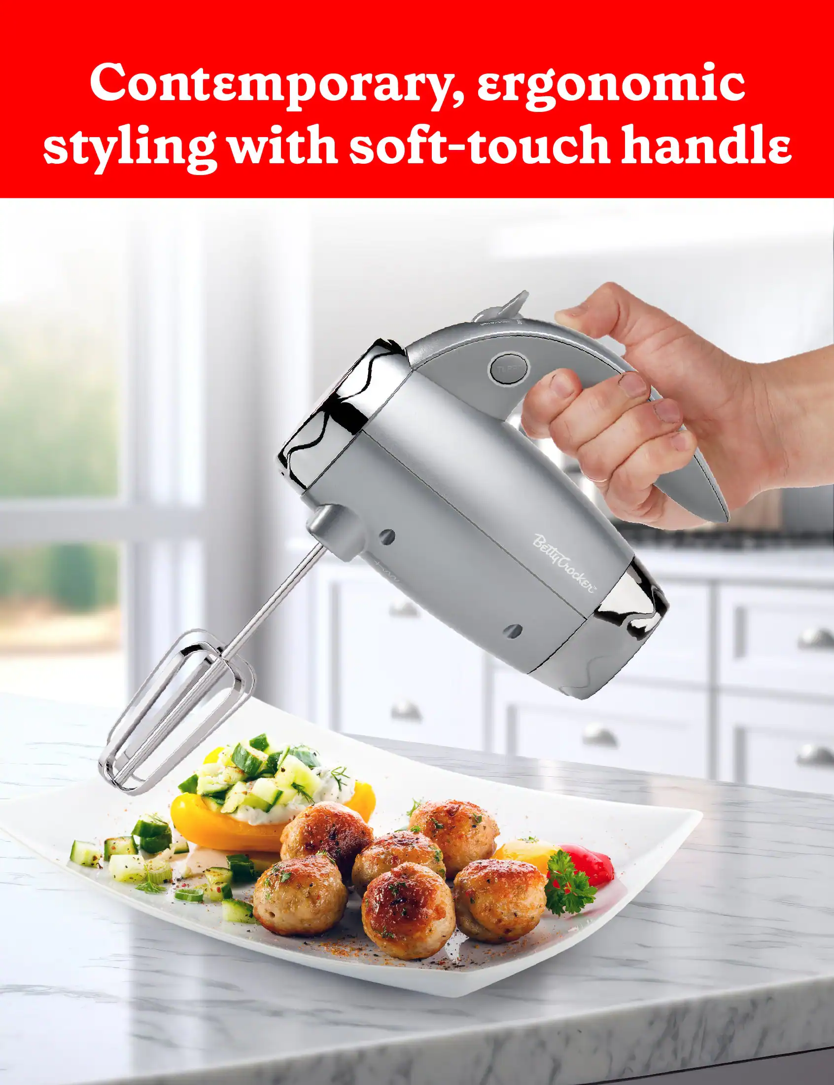 Contemporary, ergonomic styling with soft-touch handle. Betty Crocker.