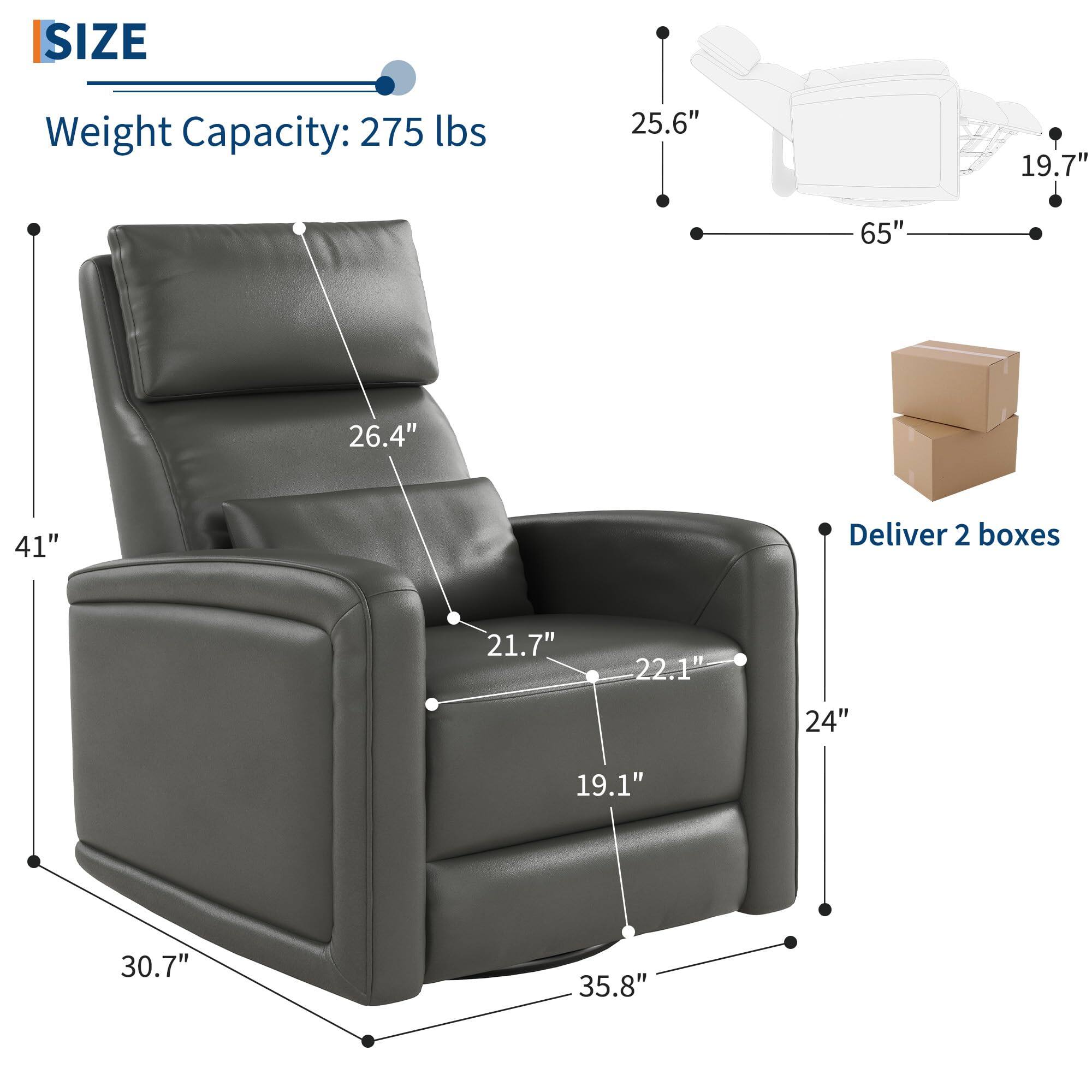 **SIZE**

- Weight Capacity: 275 lbs

**Dimensions:**
- Height: 41"
- Width: 35.8"
- Depth: 30.7"
- Seat Height: 26.4"
- Seat Width: 21.7"
- Seat Depth: 19.1"
- Armrest Height: 25.6"
- Armrest Width: 22.1"
- Back Height: 65"
- Back Width: 19.7"

**Additional Information:**
- Deliver 2 boxes