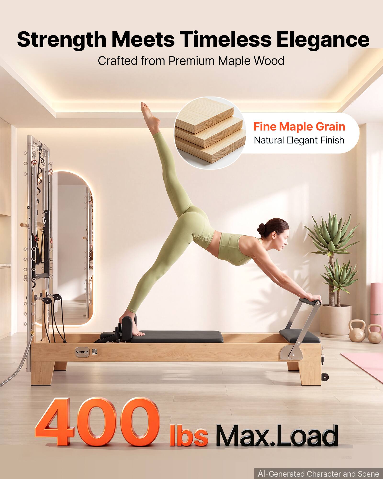 Strength Meets Timeless Elegance  
Crafted from Premium Maple Wood  

Fine Maple Grain  
Natural Elegant Finish  

VEVOR  

400 lbs Max.Load  

AI-Generated Character and Scene