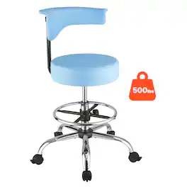VEVOR - Rolling Stool with Back Support, 500 lbs Weight Capacity, Height Adjustable, Thick Cushion Ergonomic PU Leather Seat - Blue