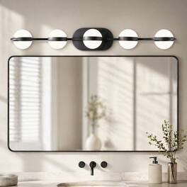 RYHNUYNE - Modern Black 5-Light LED Bathroom Vanity Light with Frosted Glass Shades, Wall-Mounted Fixture for Mirror, Powder Room