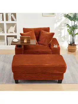 Trinkets Crazed - Corduroy Chaise Lounge Sofa With Ottoman,Single Sofa Chair Bed With Storage Amrest,Cup Holder,180°Rotating Table Board - Orange