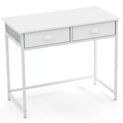 Front. SlickBlue - Home Office Writing Desk with Fabric Drawers and Side Hooks - White.