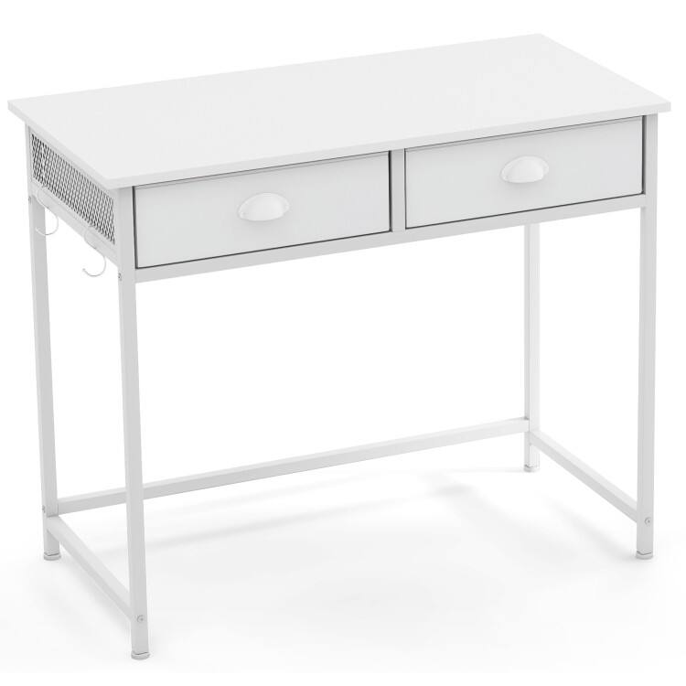Front. SlickBlue - Home Office Writing Desk with Fabric Drawers and Side Hooks - White.