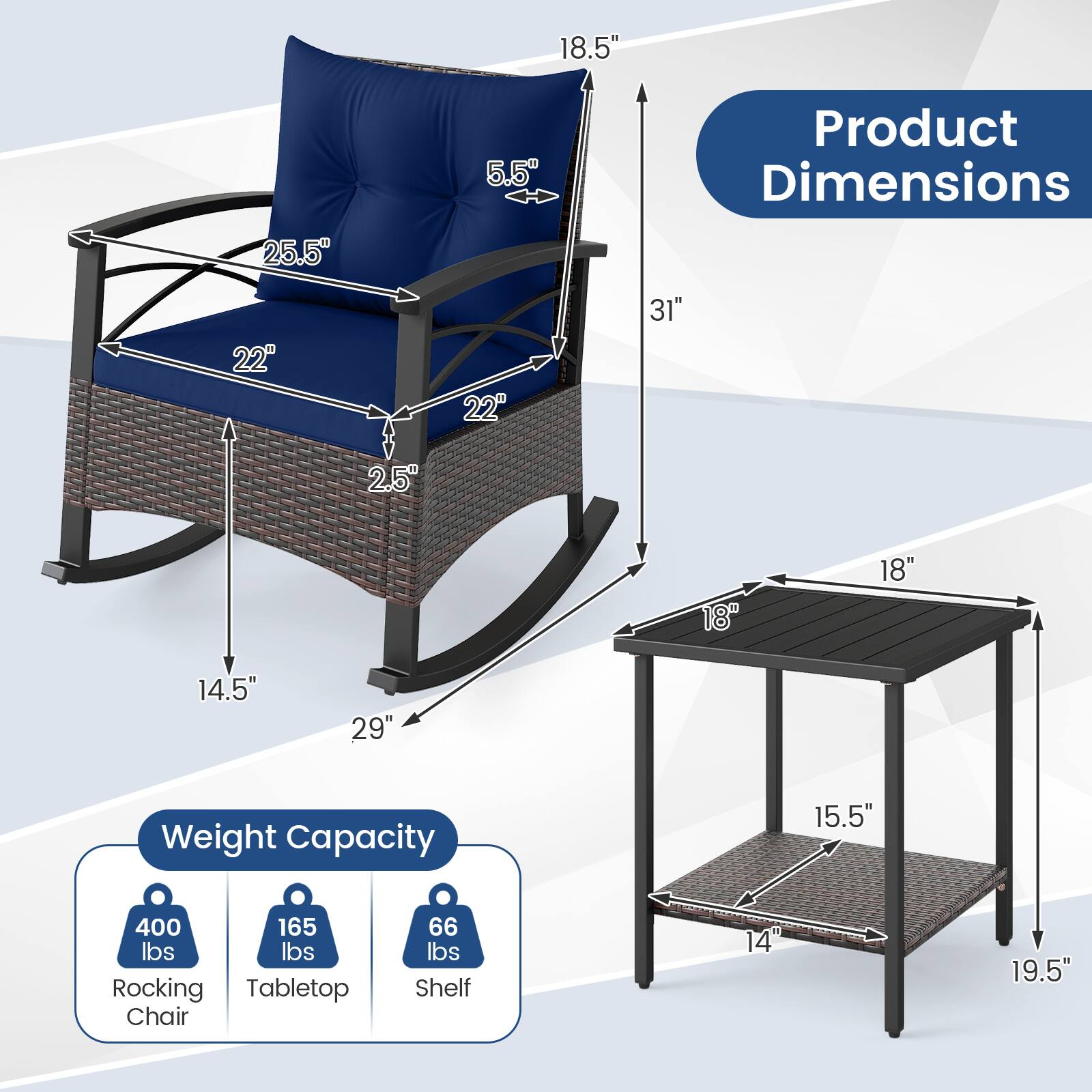 **Product Dimensions**

- 18.5"
- 25.5"
- 5.5"
- 22"
- 22"
- 31"
- 2.5"
- 18"
- 18"
- 14.5"
- 29"

**Weight Capacity**

- 400 lbs (Rocking Chair)
- 165 lbs (Tabletop)
- 66 lbs (Shelf)

- 15.5"
- 14"
- 18"
- 19.5"