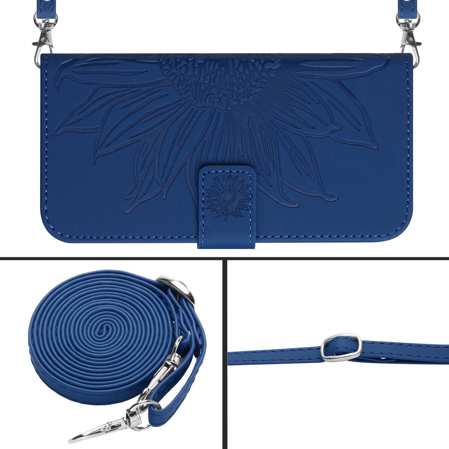 Alt View 2. Dteck - Sunflower Leather Wallet Case for Google Pixel 10a,Crossbody Strap Card Holder Stand Flip Cover,Shockproof Folio Case - Darkblue.
