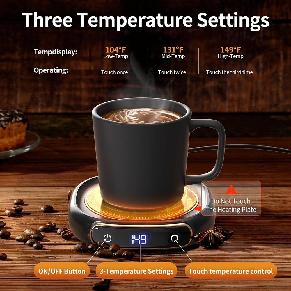 Three Temperature Settings

Tempdisplay:
- Low-Temp: 104°F
- Mid-Temp: 131°F
- High-Temp: 149°F

Operating:
- Touch once
- Touch twice
- Touch the third time

Do Not Touch The Heating Plate

ON/OFF Button
3-Temperature Settings
Touch temperature control