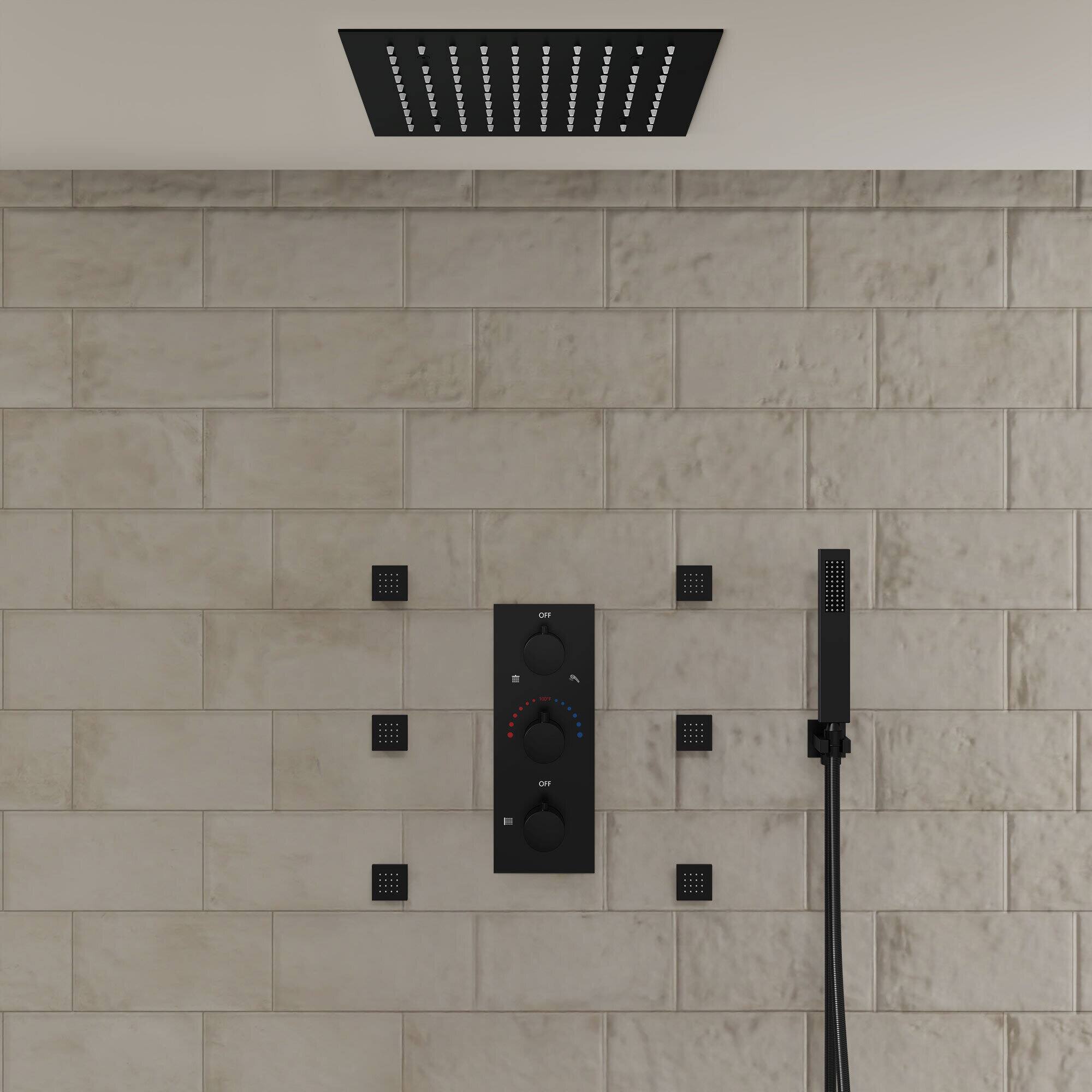 Angle. GRANDJOY - Multifunction thermostatic Shower System with LED Rainfall Head, Handheld Spray & 6 Body Jets  - Matte Black.