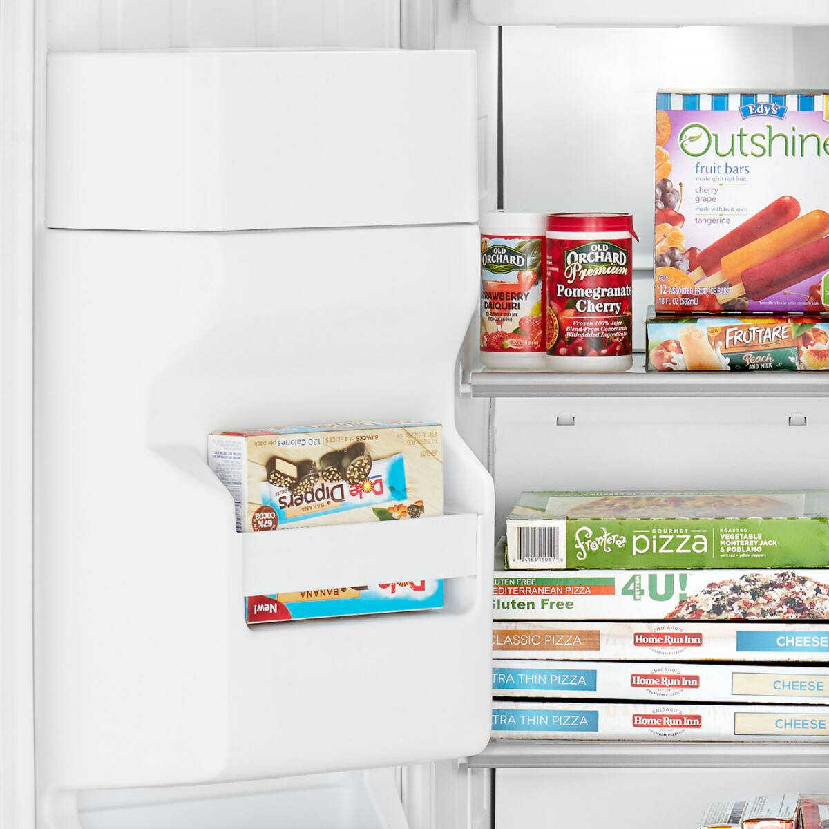 Sure, here is the corrected and grouped text from the image:
**Fruit Bars:**
- Edy's Outshine fruit bars
- Cherry
- Grape
- Tangerine
- Old Orchard Premium Pomegranate
- Old Orchard Strawberry Daiquiri
- Fruttare Peach
- Dole Cielo
- Dole New! Sourmilk
**Frozen Pizzas:**
- Sapore Gourmet
- Gluten Free Mediterranean Pizza
- Gluten Free Classic Pizza
- Home Run Inn
- Extra Thin Pizza
- Cheese
**Other Items:**
- Dole Pineapple
- Dole Banana
- Dole Mixed Fruit