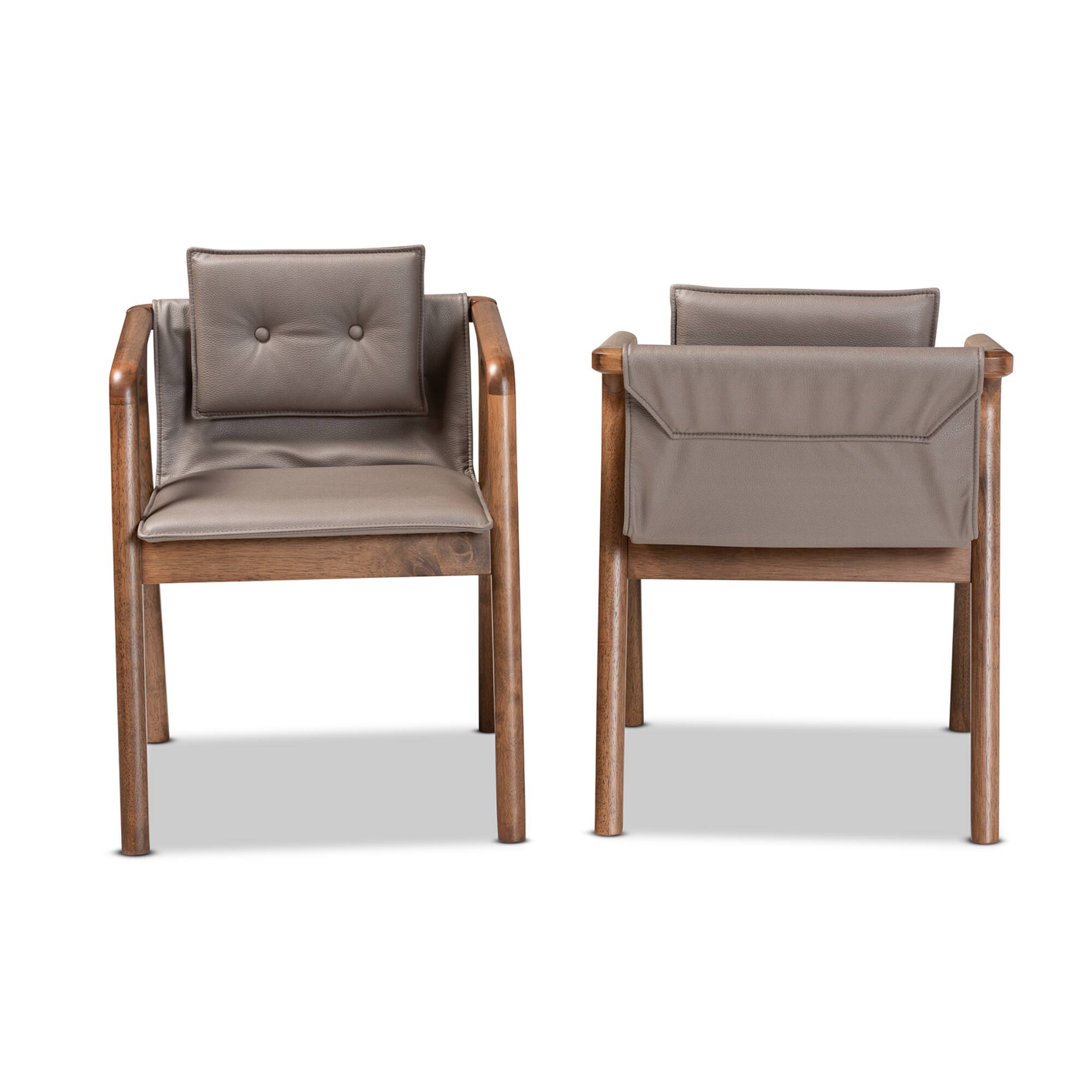 Angle. Baxton Studio - Marcena Imitation Leather Upholstered and Finished Wood 2-Piece Dining Chair Set - Grey/Walnut Brown.