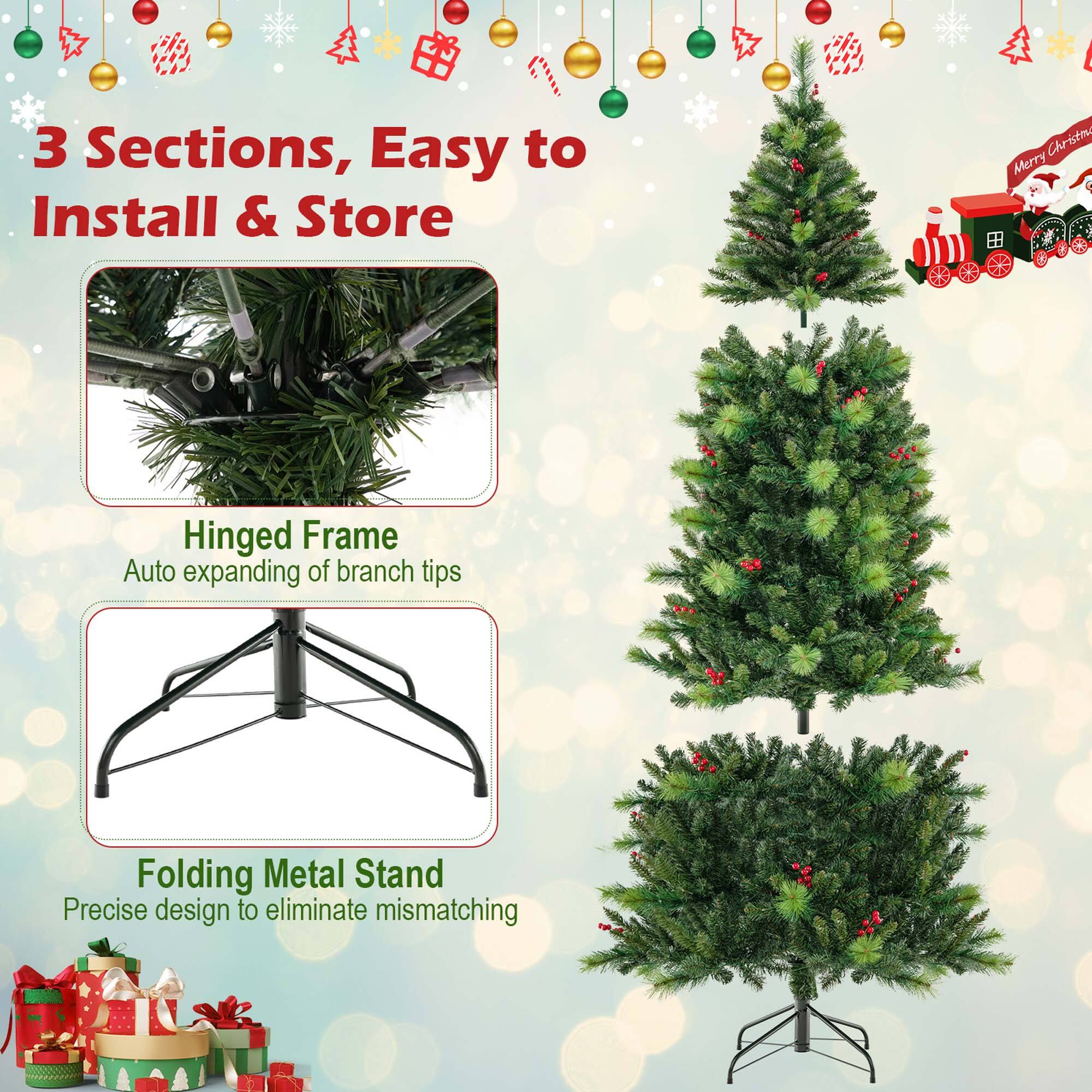 3 Sections, Easy to Install & Store Christmas Tree. Merry Hinged Frame Auto expanding of branch tips Folding Metal Stand Precise design to eliminate mismatching.