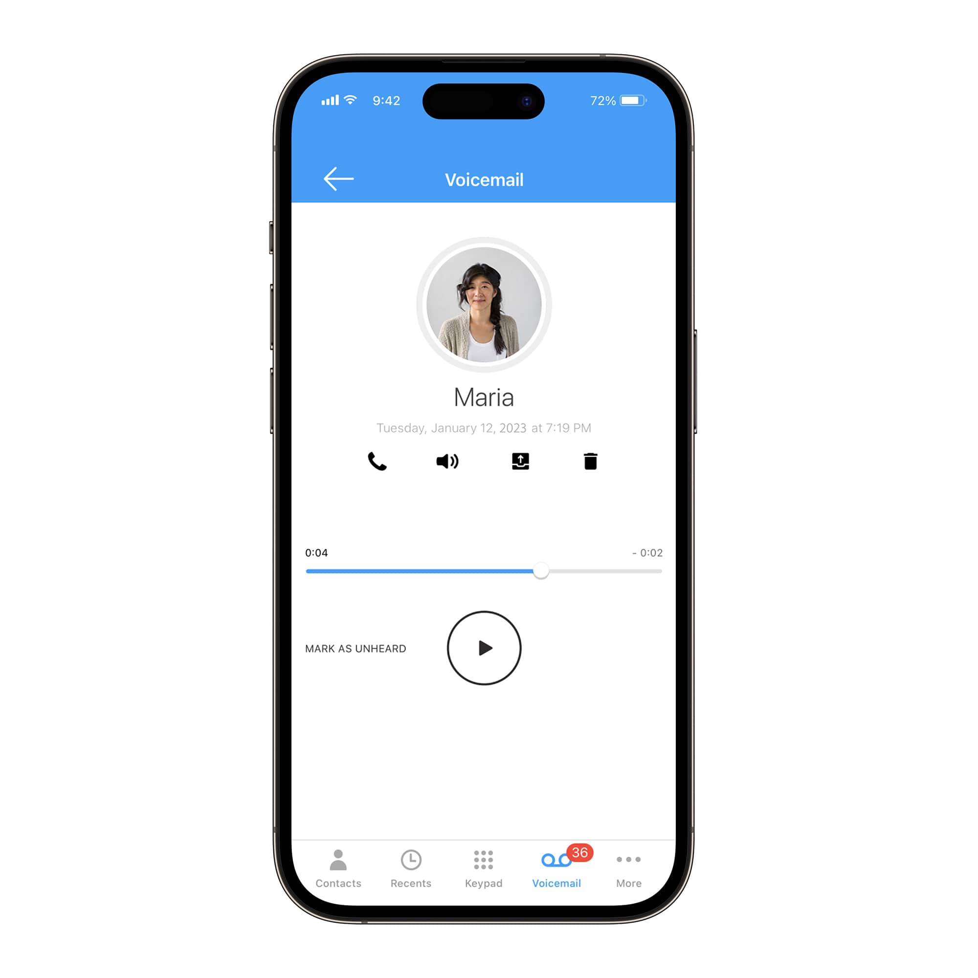 Voicemail from Maria on Tuesday, January 12, 2023 at 7:19 PM. The call lasted 0:04 minutes.
