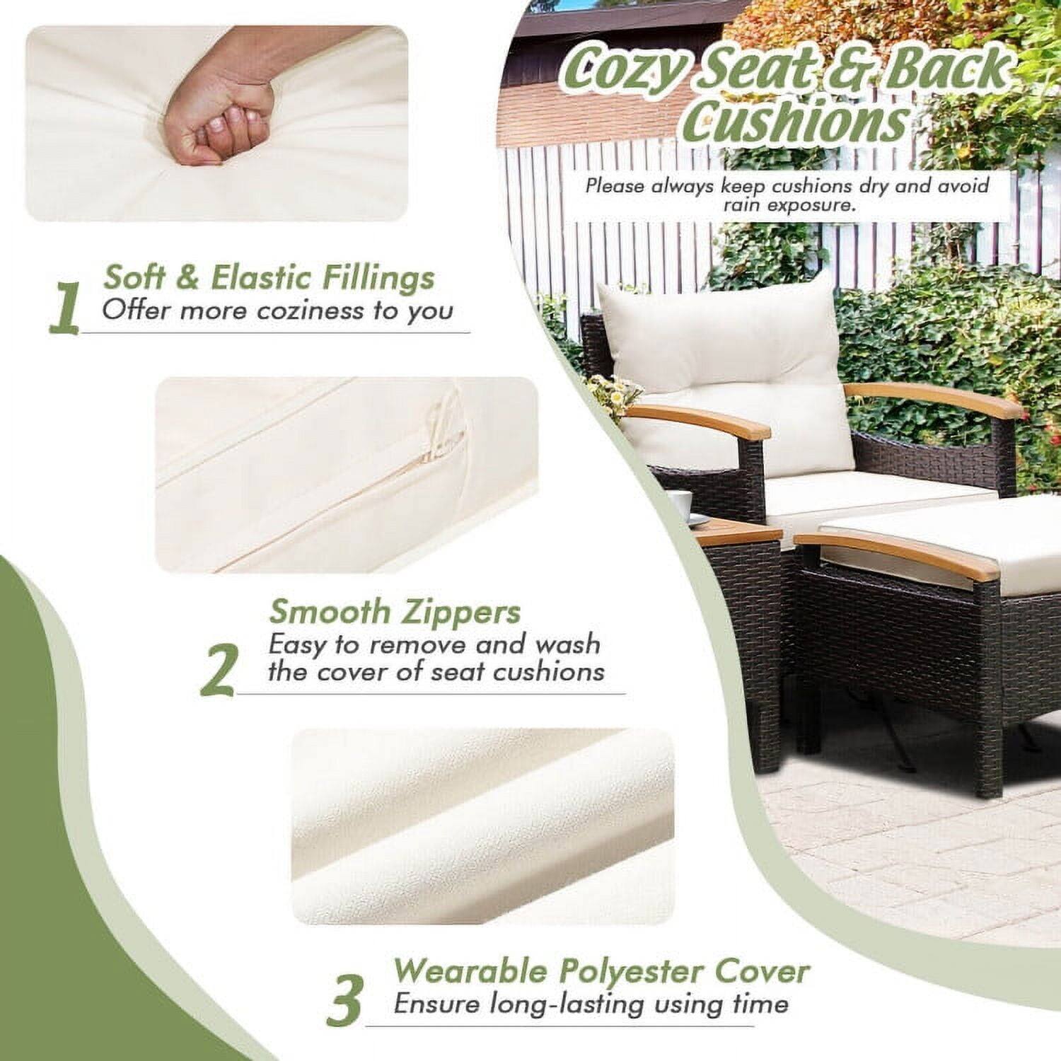 Cozy Seat & Back Cushions

Please always keep cushions dry and avoid rain exposure.

1. Soft & Elastic Fillings
   Offer more coziness to you

2. Smooth Zippers
   Easy to remove and wash the cover of seat cushions

3. Wearable Polyester Cover
   Ensure long-lasting using time