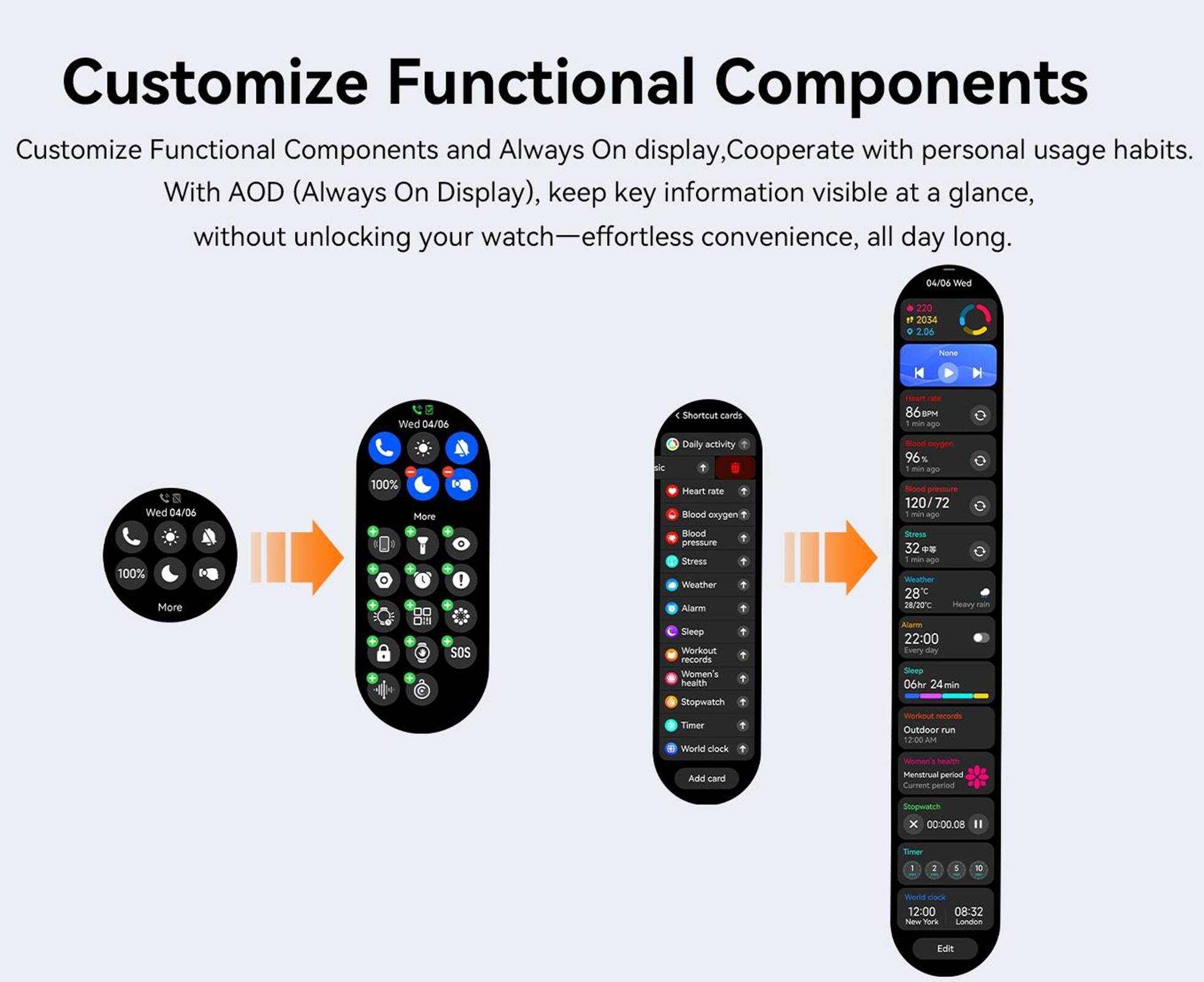 Customize Functional Components and Always On Display, Cooperate with personal usage habits. With AOD (Always On Display), keep key information visible at a glance, without unlocking your watch - effortless convenience, all day long.