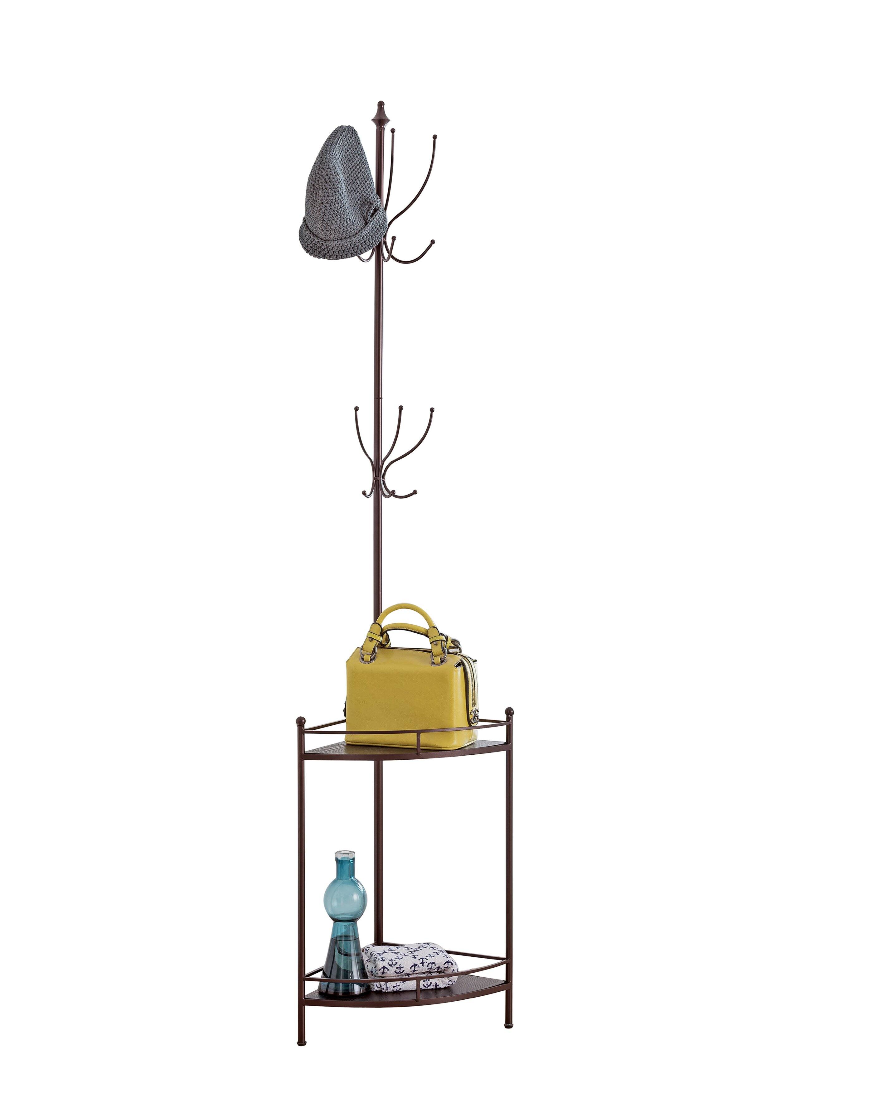 Angle. Kings Brand Furniture - Kings Brand Furniture - Free Standing Metal Corner Coat & Hat Rack Stand, 12 Hooks 2 Shelves, Bronze - Dark Orange.