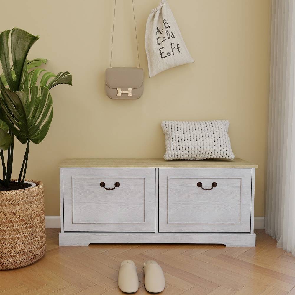 Ropilly - Shoe Storage Bench with Flip Drawers and Adjustable Shelf for Entryway - Antique White price history on PriceWatchPro
