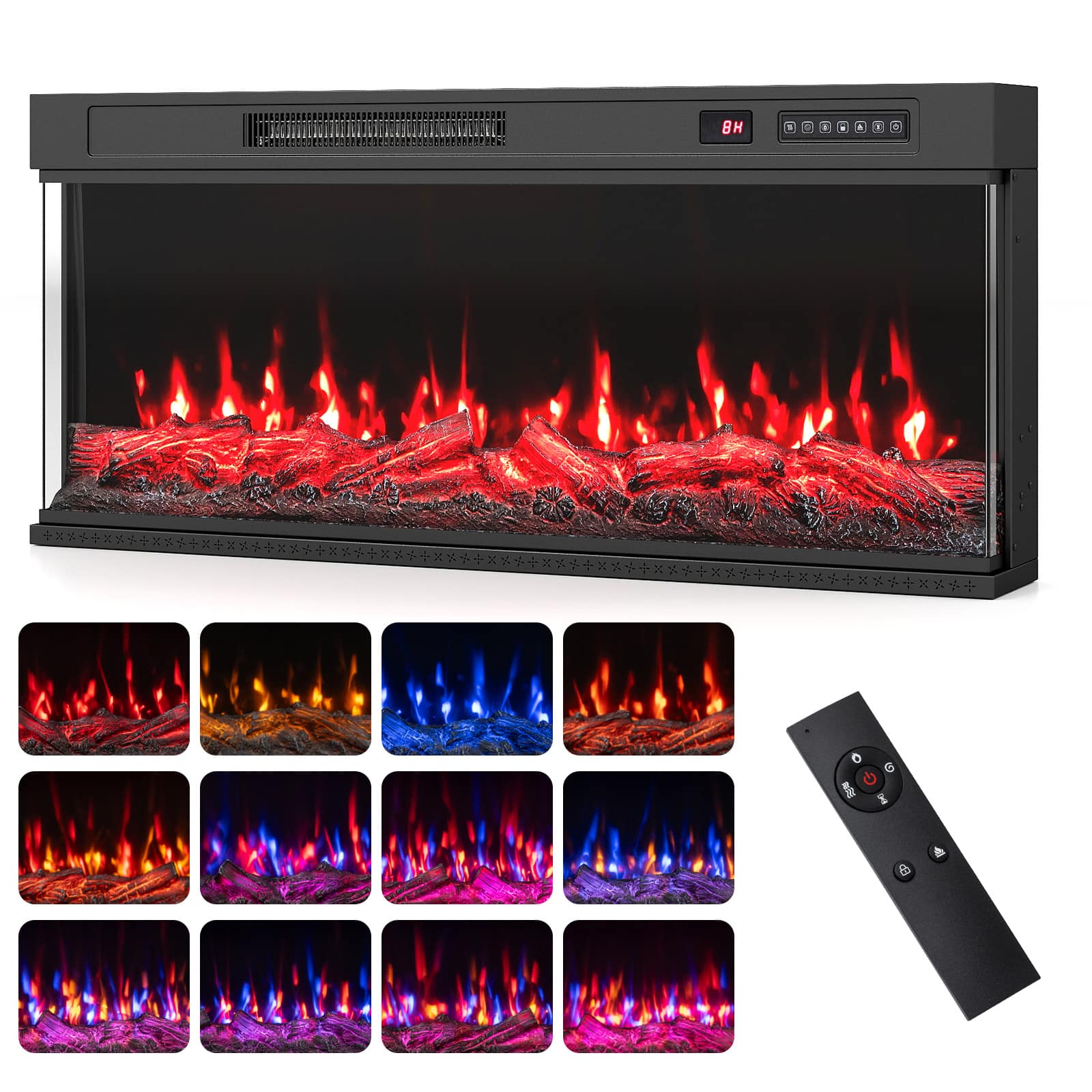 Costway - 40" 3-Sided Built-in Electric Fireplace Insert with 12 Flame Colors, 5 Brightness 40" - 40" Black