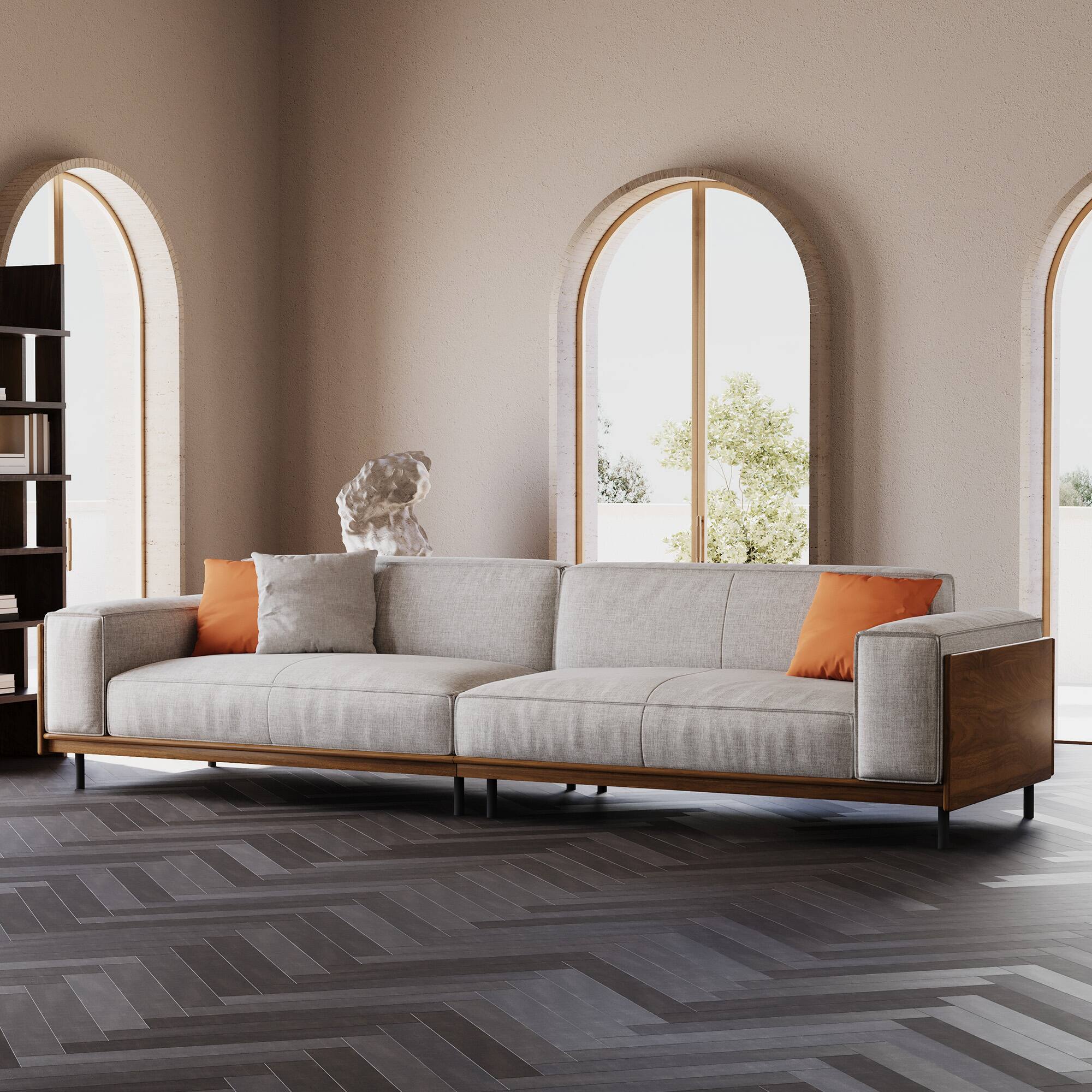 Left. luck idea - 111.81" Cotton-Linen Sofa with Washable Seat Covers & Soft Cushions | 3-Seater Living Room Couch for Home Decor - Gray.