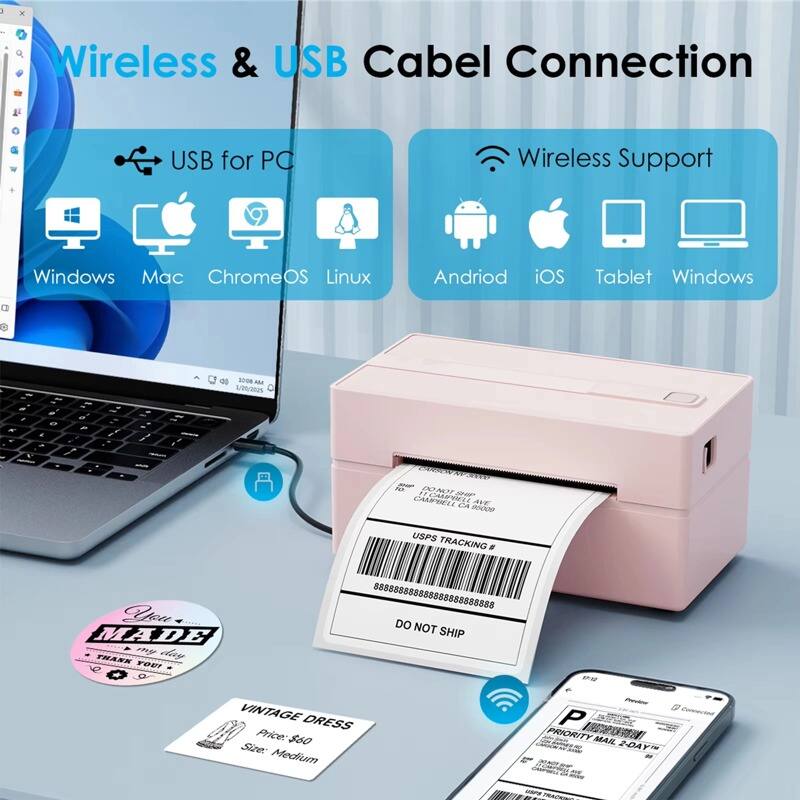 Wireless & USB Cable Connection

USB for PC
- Windows
- Mac
- ChromeOS
- Linux

Wireless Support
- Android
- iOS
- Tablet
- Windows

VINTAGE DRESS
Price: $60
Size: Medium

USPS TRACKING #
8888888888888888888888

DO NOT SHIP

MADE IN USA
THANK YOU!

PRIORITY MAIL 2-DAY