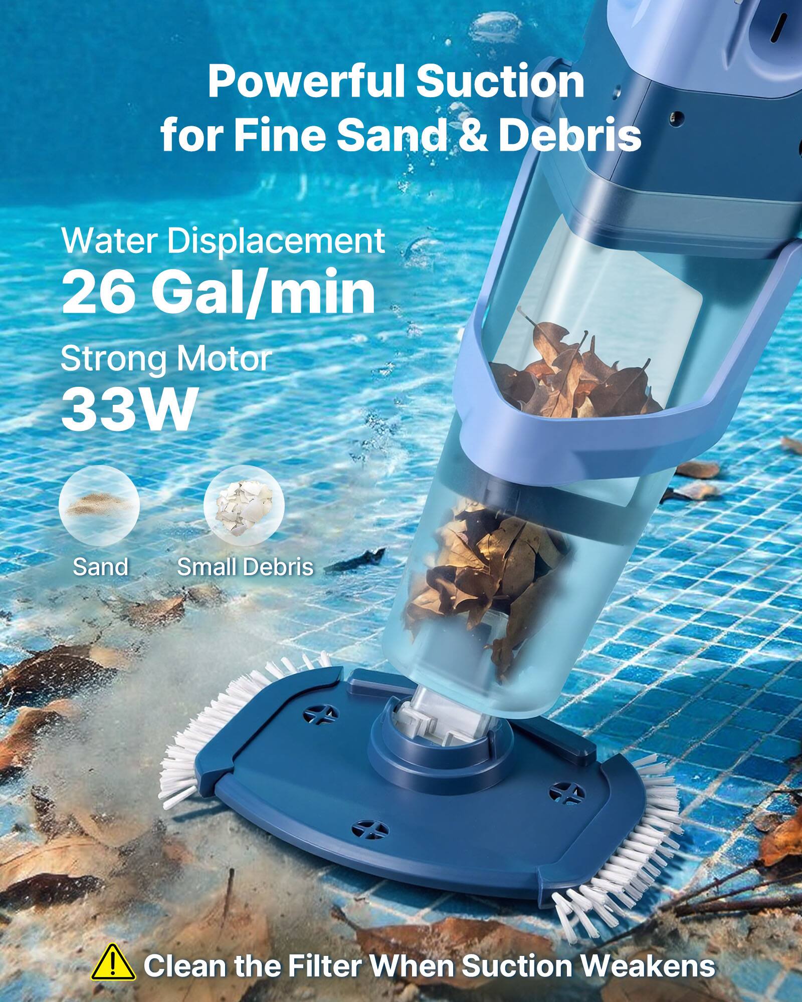 Powerful Suction for Fine Sand & Debris  
Water Displacement 26 Gal/min  
Strong Motor 33W  
Sand Small Debris  
Clean the Filter When Suction Weakens