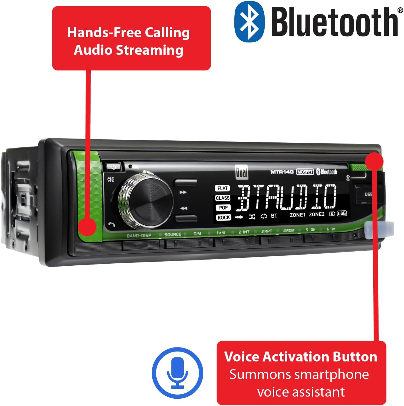 Hands-Free Calling Audio Streaming

Bluetooth

Voice Activation Button Summons smartphone voice assistant