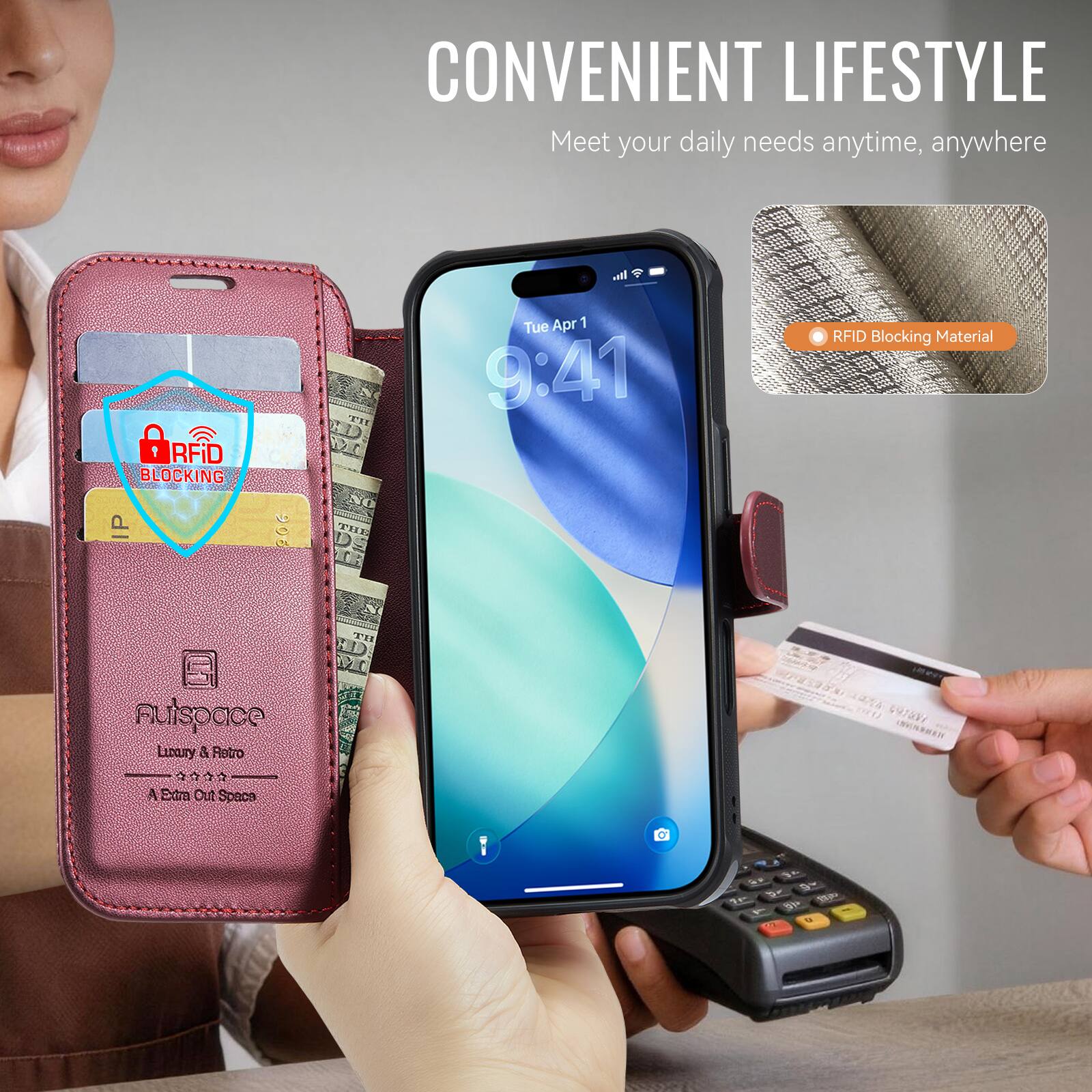 CONVENIENT LIFESTYLE  
Meet your daily needs anytime, anywhere  

RFID BLOCKING  
Auispace Luxury & Retro  
A Extra Out Space  

RFID Blocking Material