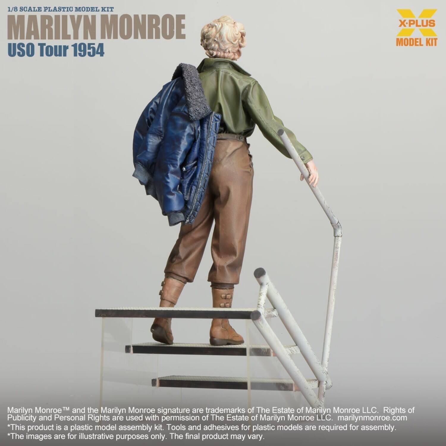 1/8 SCALE PLASTIC MODEL KIT  
MARILYN MONROE  
USO Tour 1954  

X-PLUS  
MODEL KIT  

Marilyn Monroe™ and the Marilyn Monroe signature are trademarks of The Estate of Marilyn Monroe LLC. Rights of Publicity and Personal Rights are used with permission of The Estate of Marilyn Monroe LLC. marilynmonroe.com  

*This product is a plastic model assembly kit. Tools and adhesives for plastic models are required for assembly.  
*The images are for illustrative purposes only. The final product may vary.