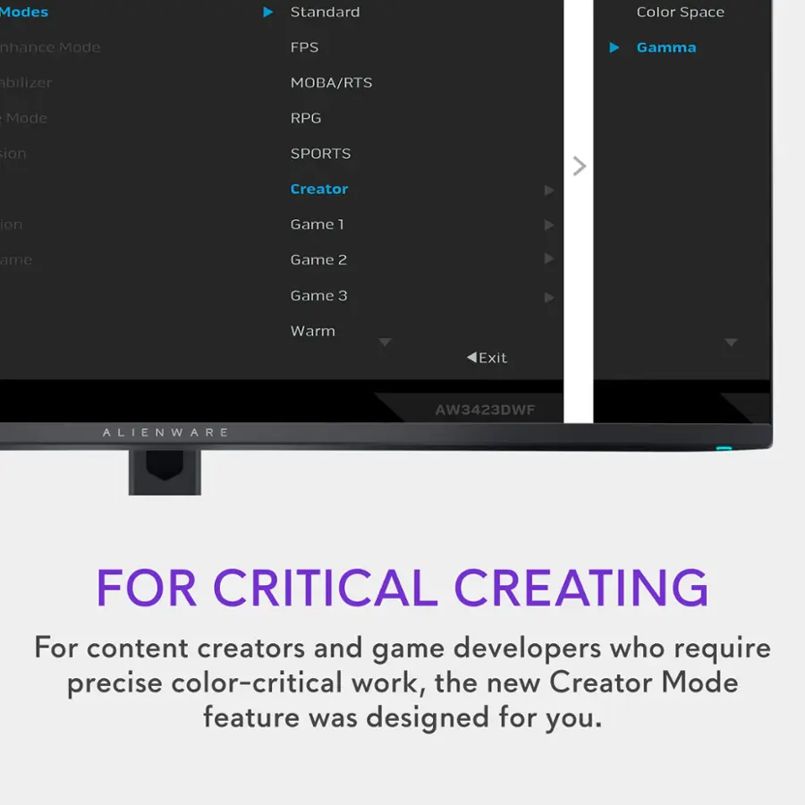 Modes:

* Standard
* Color Space
* Enhance Mode
* FPS
* Gamma
* Game 1
* Game 2
* Game 3
* Warm
* Exit

For critical creating, the new Creator Mode feature was designed for content creators and game developers who require precise color-critical work.