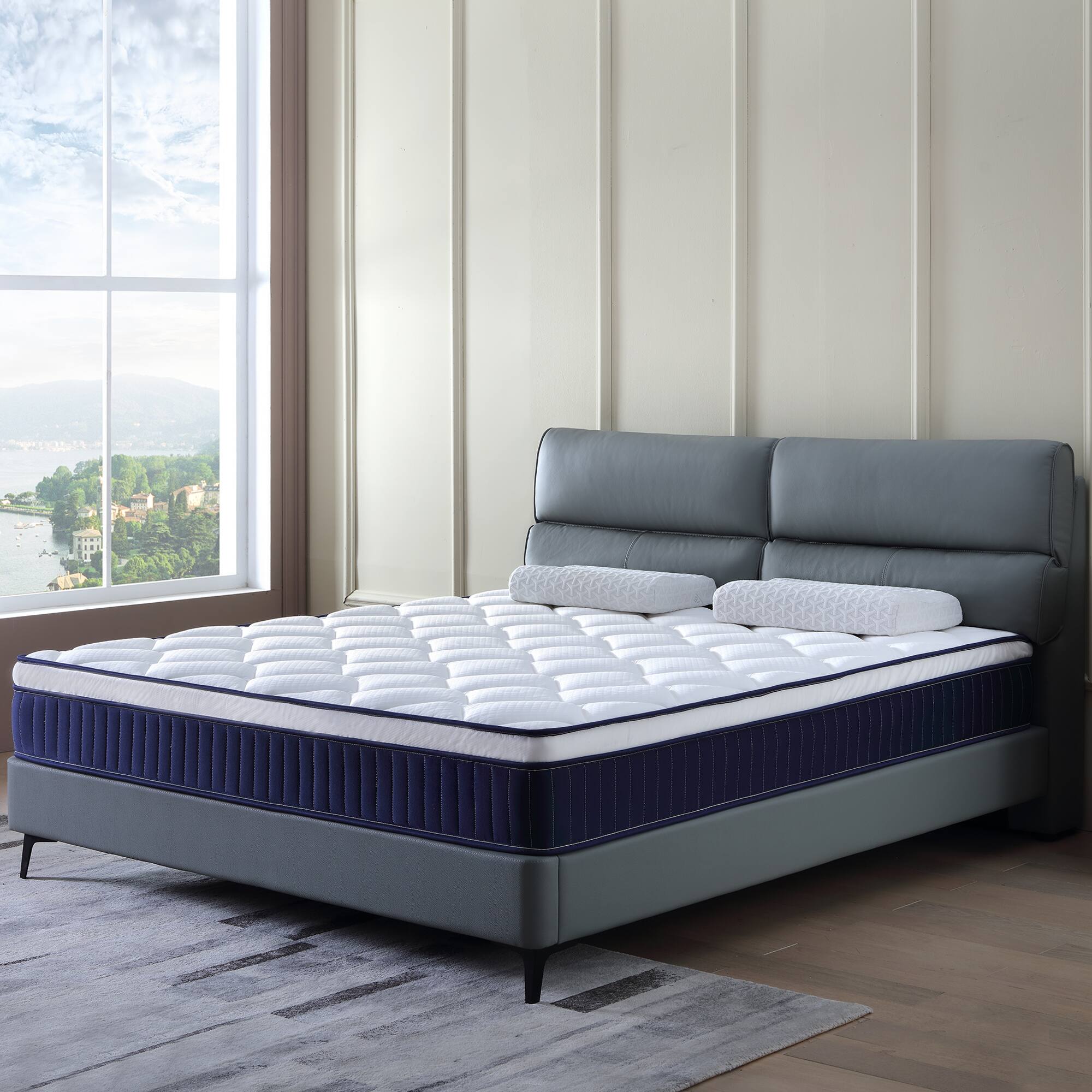 Front. GOODSILO - 10 Inch Hybrid Mattress with Plush Memory Foam and Pocket Springs for Superior Comfort and Support in a Box - Blue+Brown+White.