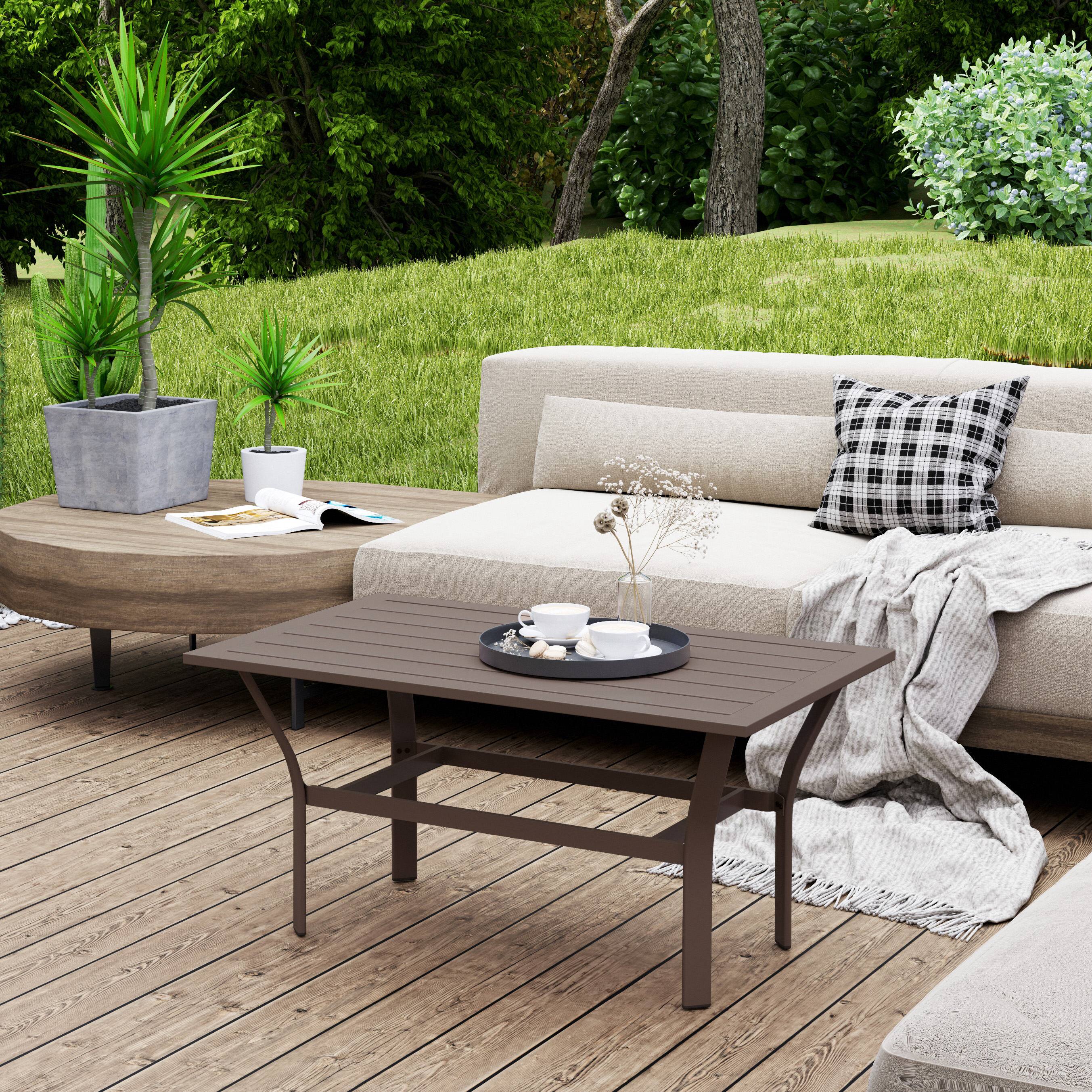 Alt View 1. Outsunny - Outdoor Coffee Table, All-Weather Rectangle Metal Patio Coffee Table with Slatted Tabletop for Outside - Brown.