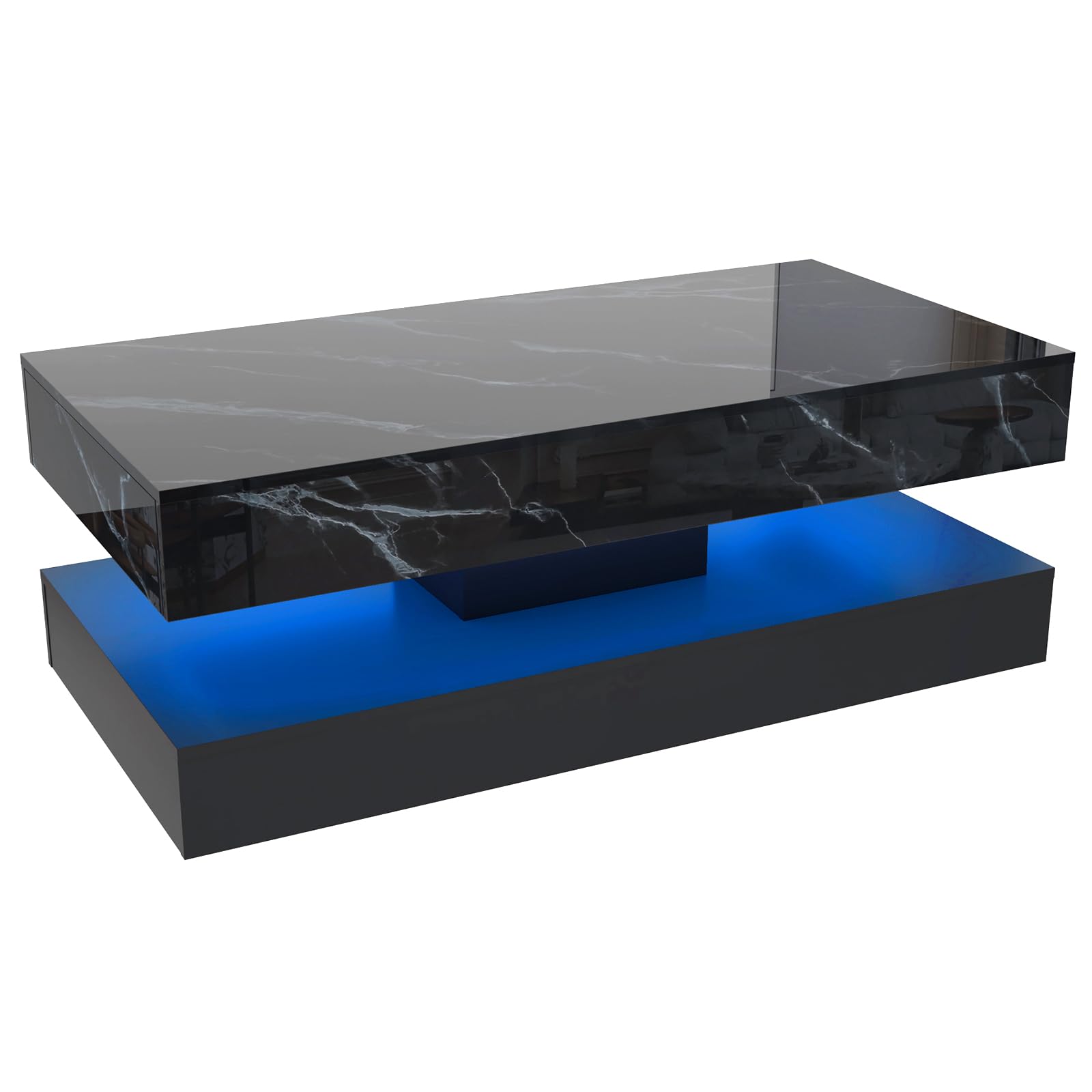 Alt View 6. Lent Glitter Wood - Large Black LED Coffee Table with 2 Storage Drawers, Modern High Gloss Coffee Table w/20 Colors LED Lights/APP Control, - Black.