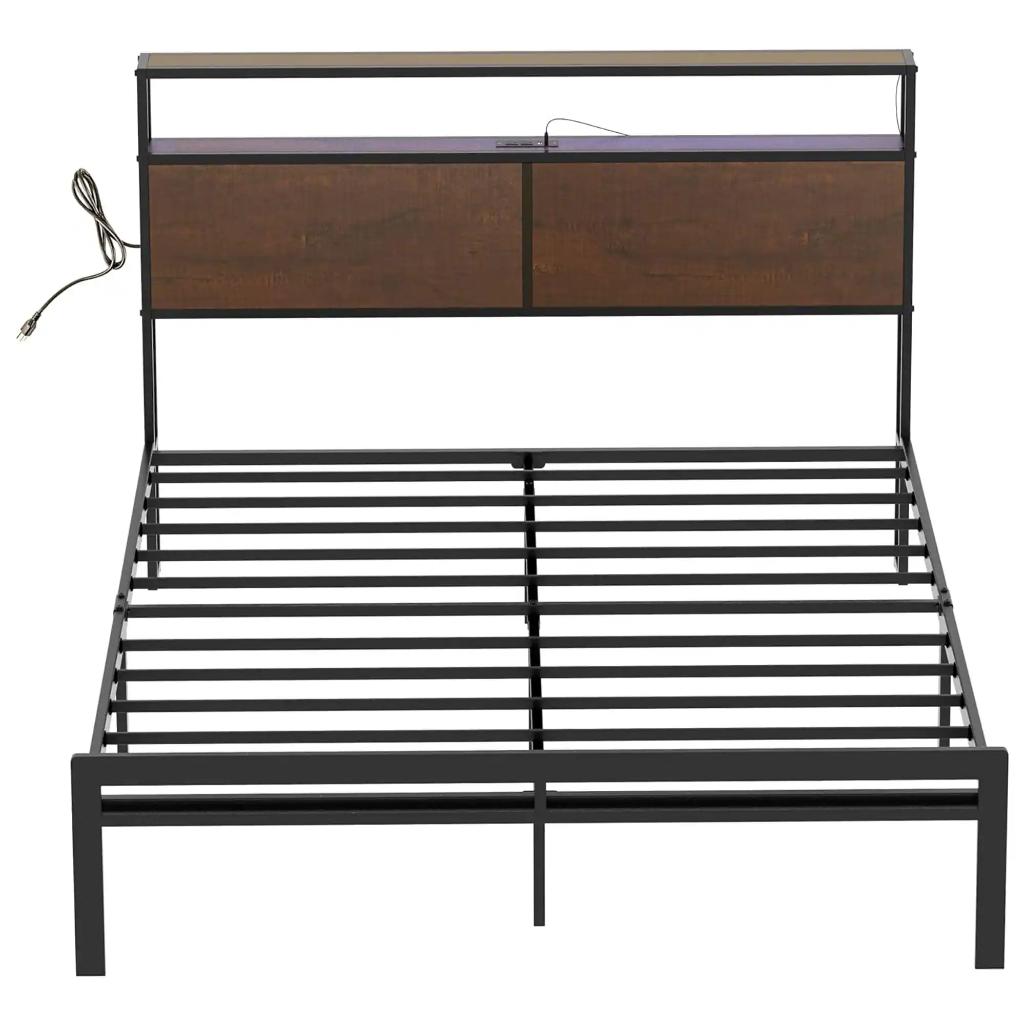 HAUSOURCE - Full Bed Frame with Storage Headboard and Metal Platform Bed for Rooms - Rustic Browm