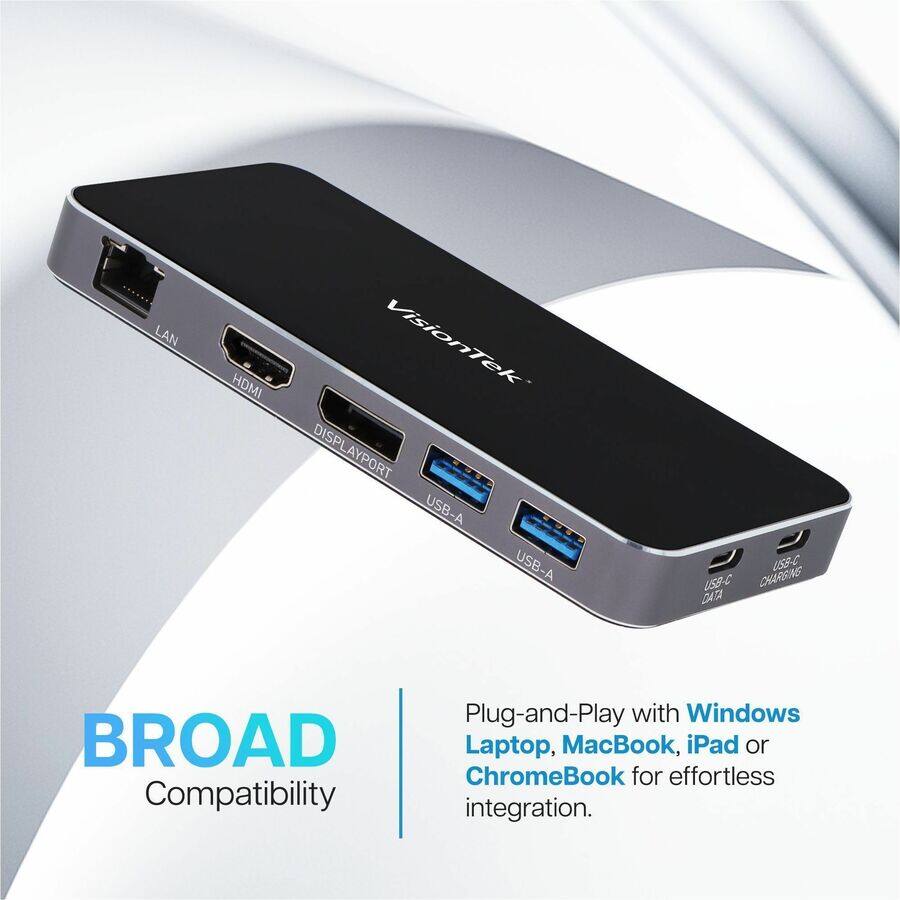 LAN HDMI VisionTek DISPLAYPORT USB-A USB-A USB-E USB-C CHARGING ATA BROAD Compatibility Plug-and-Play with Windows Laptop, MacBook, iPad or ChromeBook for effortless integration.