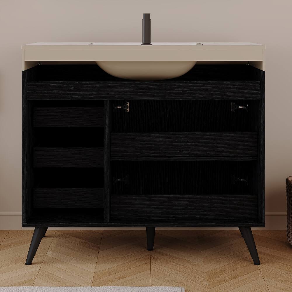 Alt View 3. Loheer - Loheer 36 inch freestanding bathroom vanity with integrated ceramic sink and faux marble top - Black, White.