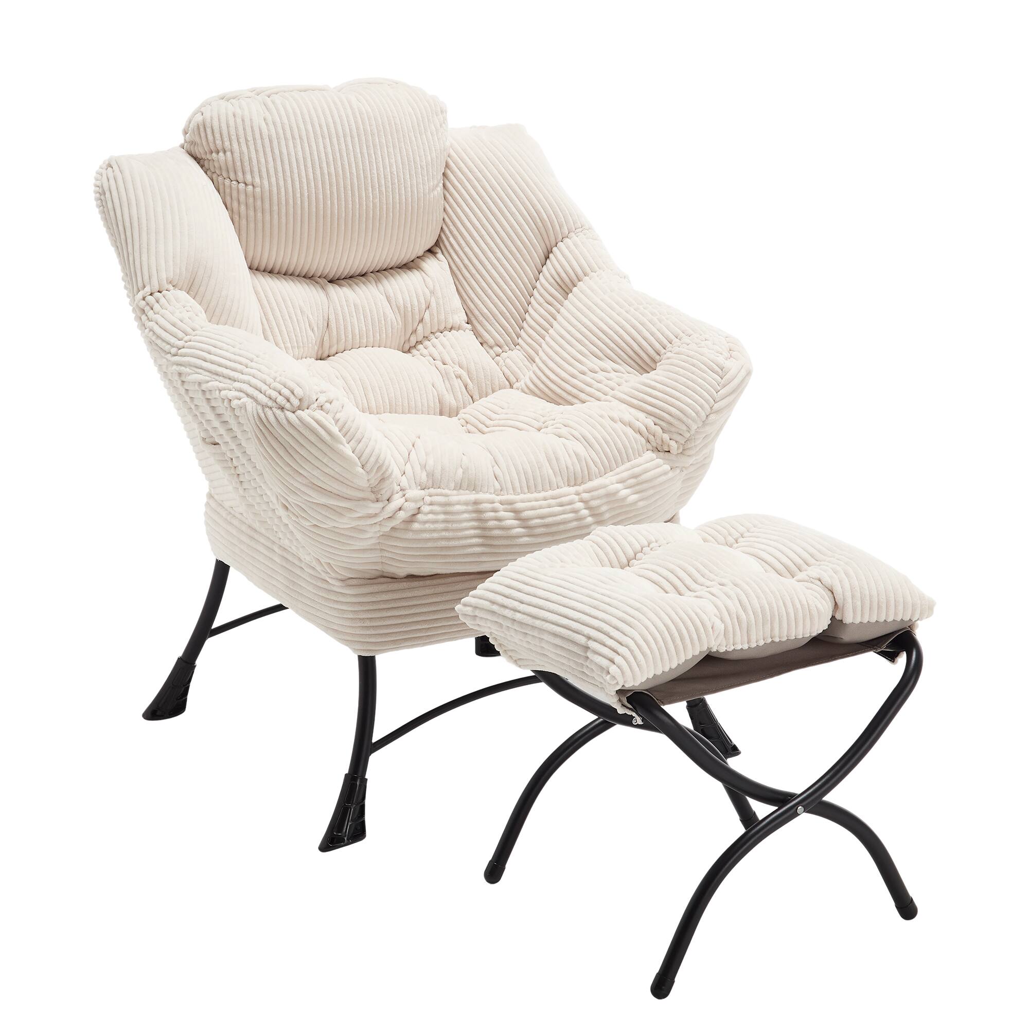 Ecooso - Lazy Chair with Ottoman & Side Pocket, Lounge Reading Chair with Footrest - White