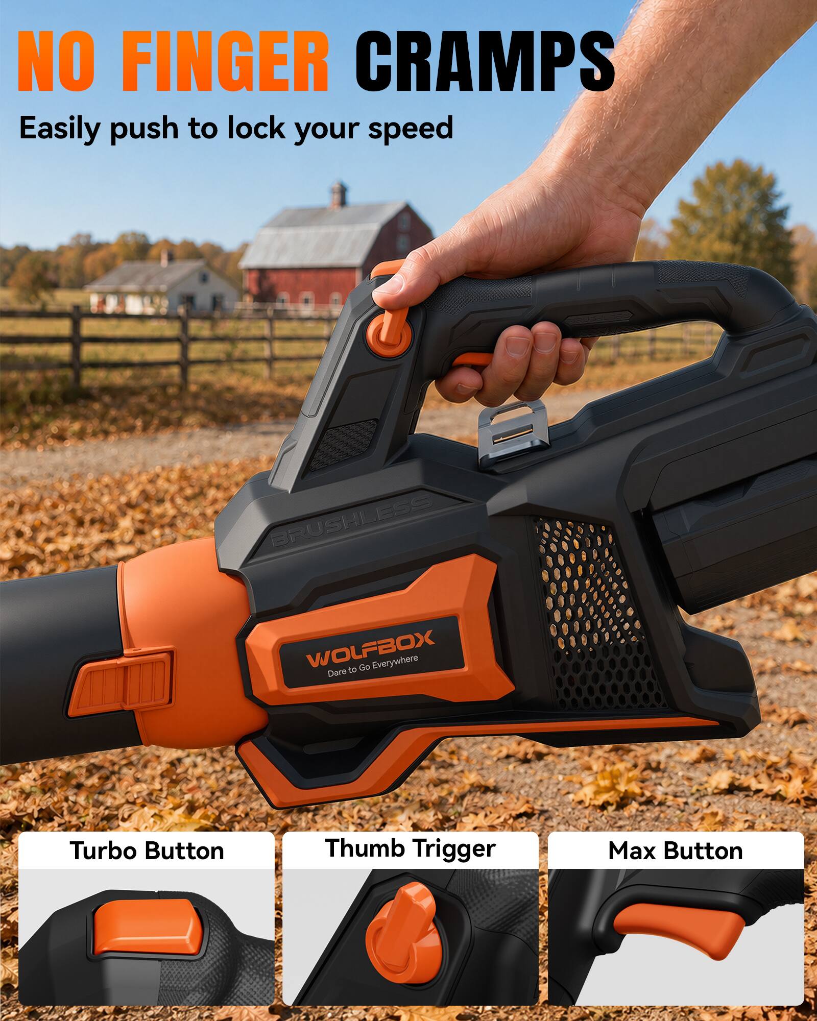 NO FINGER CRAMPS  
Easily push to lock your speed  

BRUSHLESS  
WOLFBOX Dare to Go Everywhere  

Turbo Button  
Thumb Trigger  
Max Button