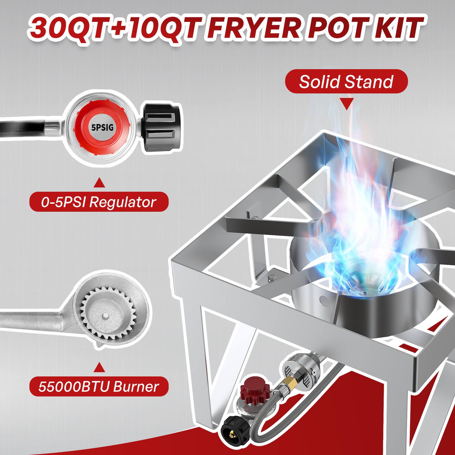 30QT+10QT FRYER POT KIT

- Solid Stand
- 0-5PSI Regulator
- 55000BTU Burner