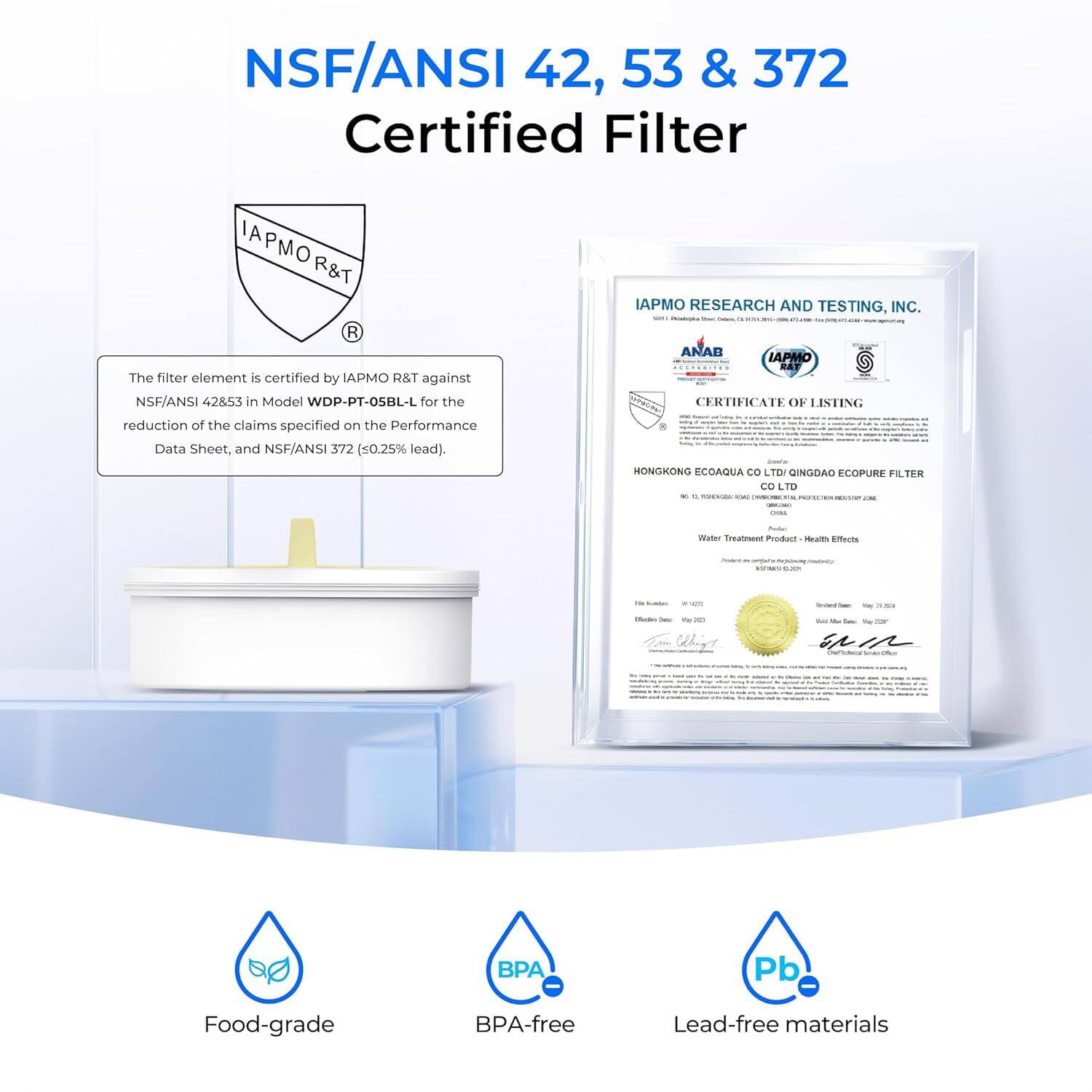 NSF/ANSI 42, 53 & 372 Certified Filter

IAPMO R&T

The filter element is certified by IAPMO R&T against NSF/ANSI 42 & 53 in Model WDP-PT-0SBL-L for the reduction of the claims specified on the Performance Data Sheet, and NSF/ANSI 372 (≤0.25% lead).

IAPMO RESEARCH AND TESTING, INC.

ANAB

IAPMO RAT

CERTIFICATE OF LISTING

HONGKONG ECOAGUA CO LTD / QINGDAO ECOPURE FILTER CO LTD

Water Treatment Product - Health Effects

Food-grade

BPA-free

Lead-free materials