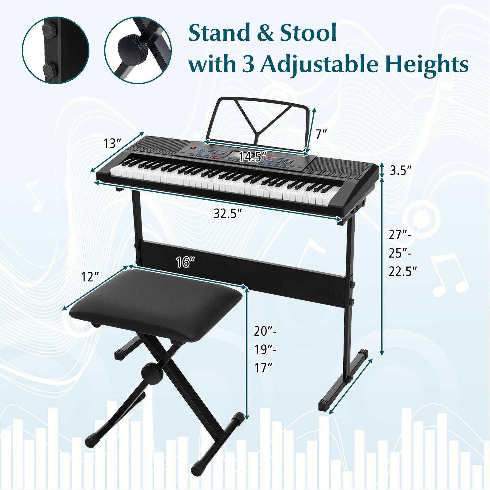 Stand & Stool with 3 Adjustable Heights

13"  
14.5"  
7"  
3.5"  
12"  
16"  
32.5"  
27"  
25"  
22.5"  
20"  
19"  
17"