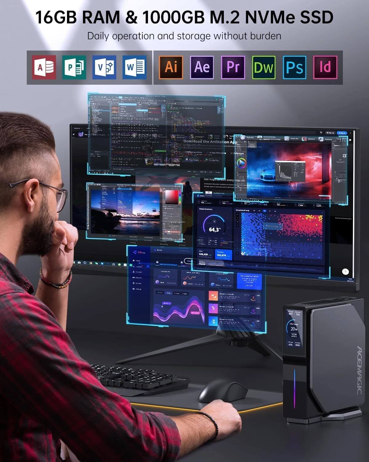 16GB RAM & 1000GB M.2 NVMe SSD  
Daily operation and storage without burden  

A P V 1 W Ai Ae Pr Dw Ps Id  

Download the ArtStation App  

64.3 SHCM RELLETO  

20w M m  

ACEMAGIC