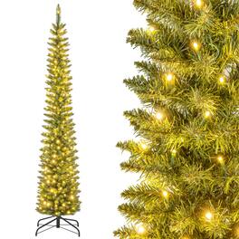 Costway - 7 FT Pre-Lit Pencil Christmas Tree with 200 LED Lights & 499 Branch Tips Party - Green